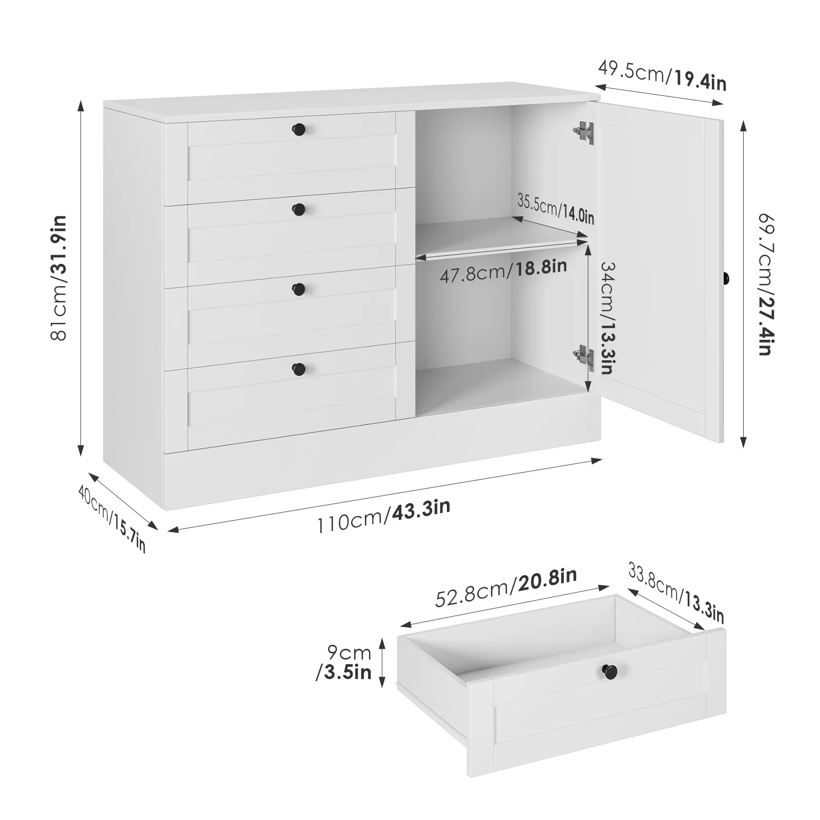Homfa White Storage Cabinet with 4 Drawers & 1 Door, 43.3'' Wide Chest Sideboard Buffet for Dining Room, Kitchen, Bedroom