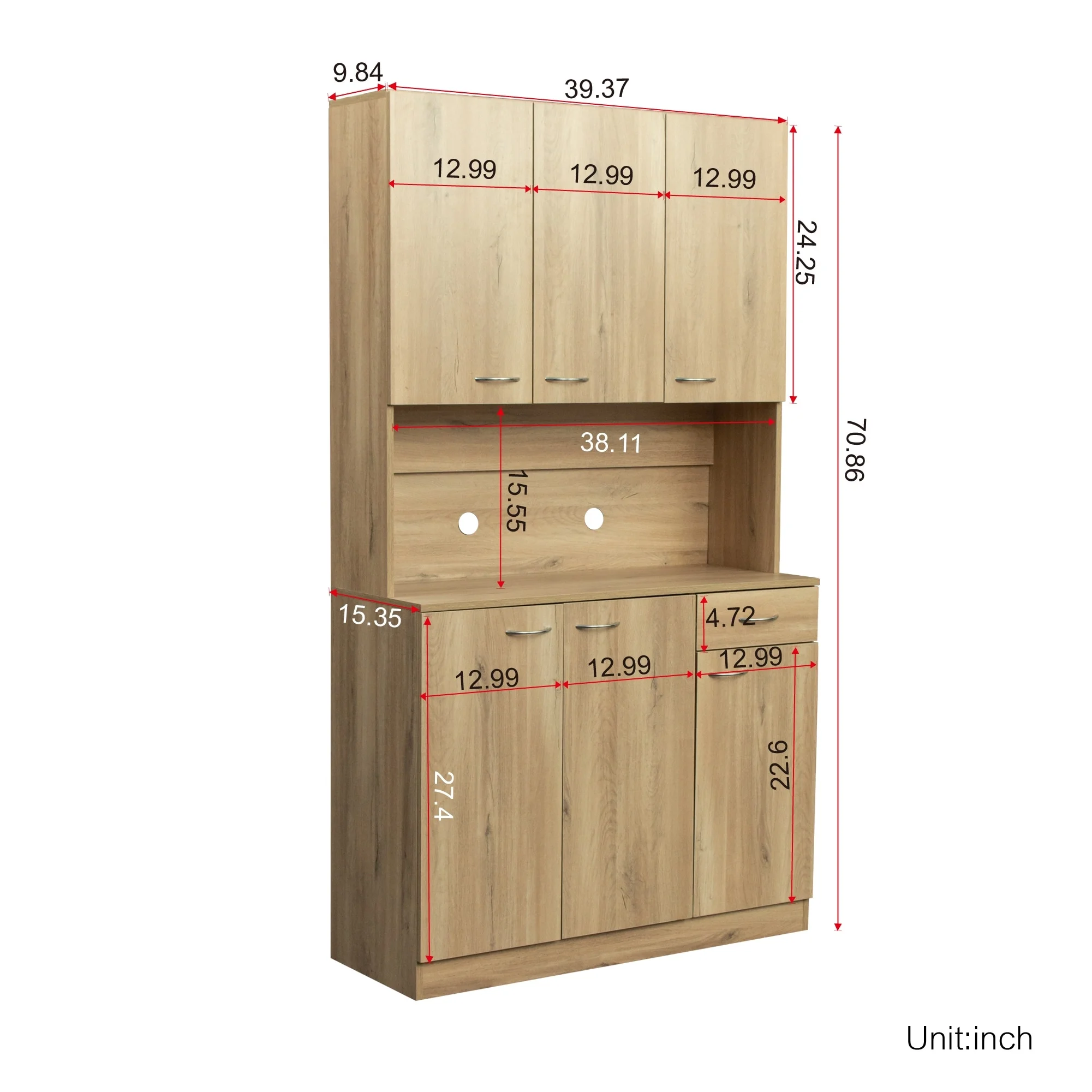 Rustic Farmhouse Tall Wardrobe, Armoire with Shelves, Open Compartment and Drawer, Freestanding Storage Closet Wardrobe Cabinet Oak