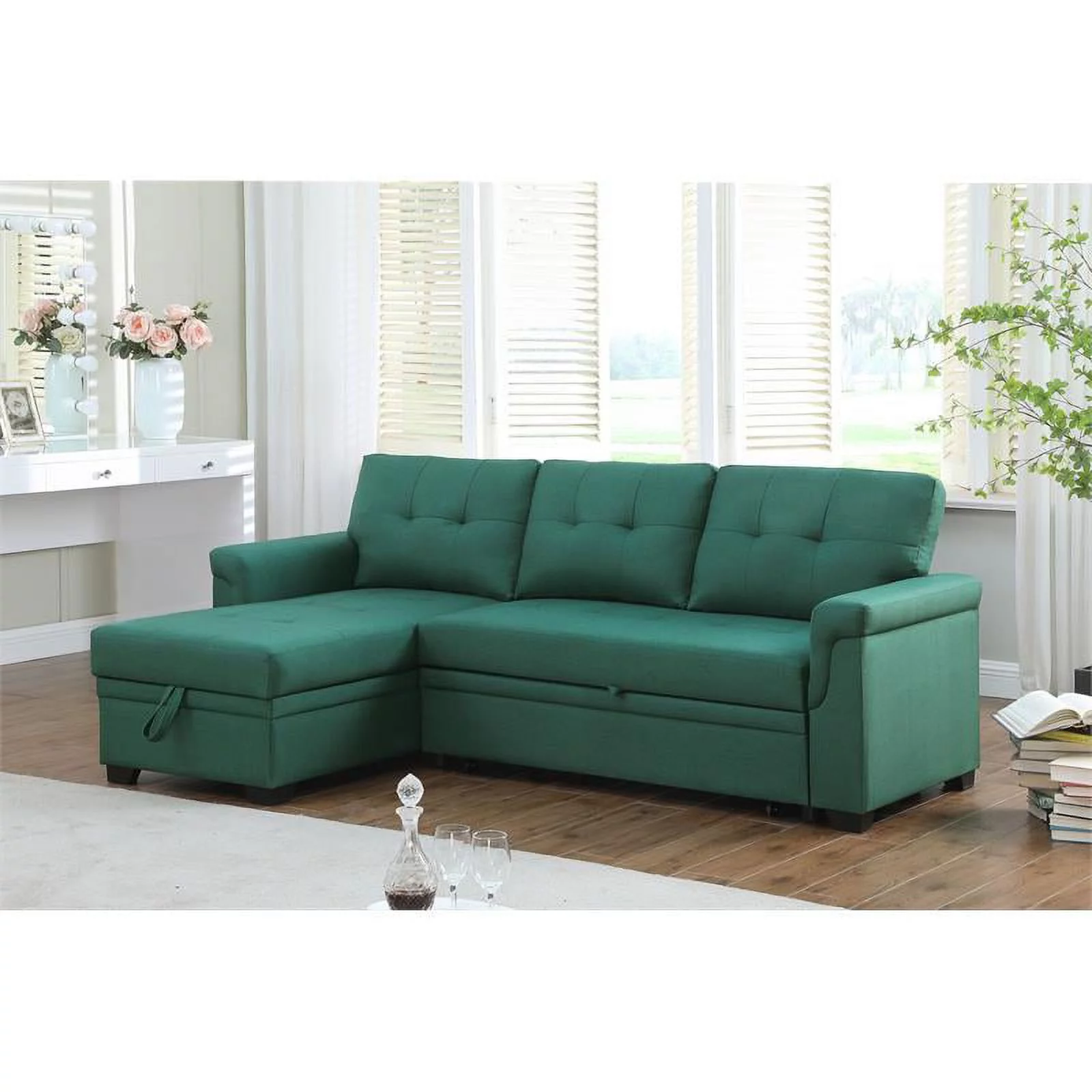 Bowery Hill Green Linen Reversible Sleeper Sectional Sofa with Storage Chaise