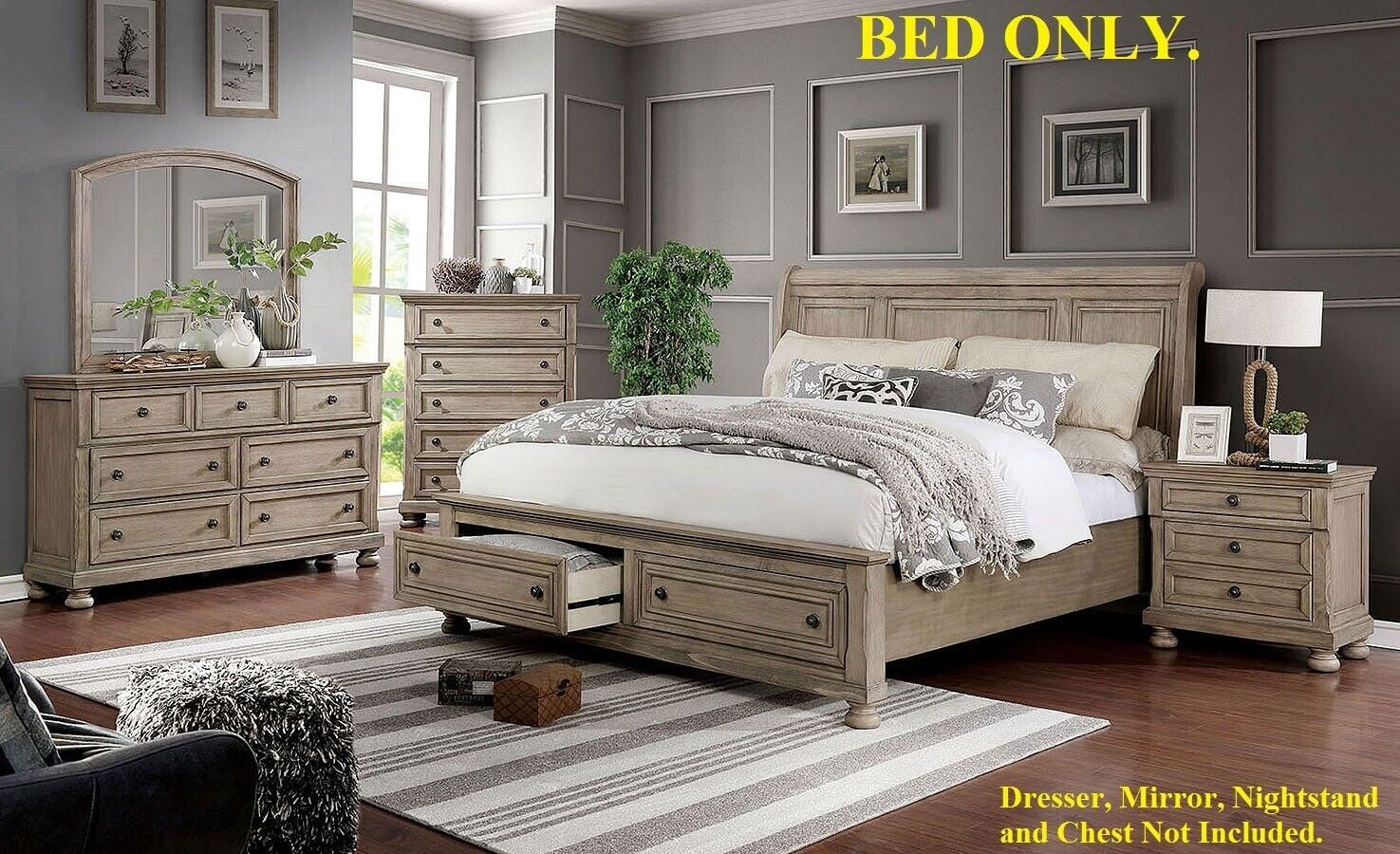 1pc California King Size Bed Transitional Style Solid wood Gray Footboard Storage Drawer Bedroom Furniture Sleigh Back Headboard