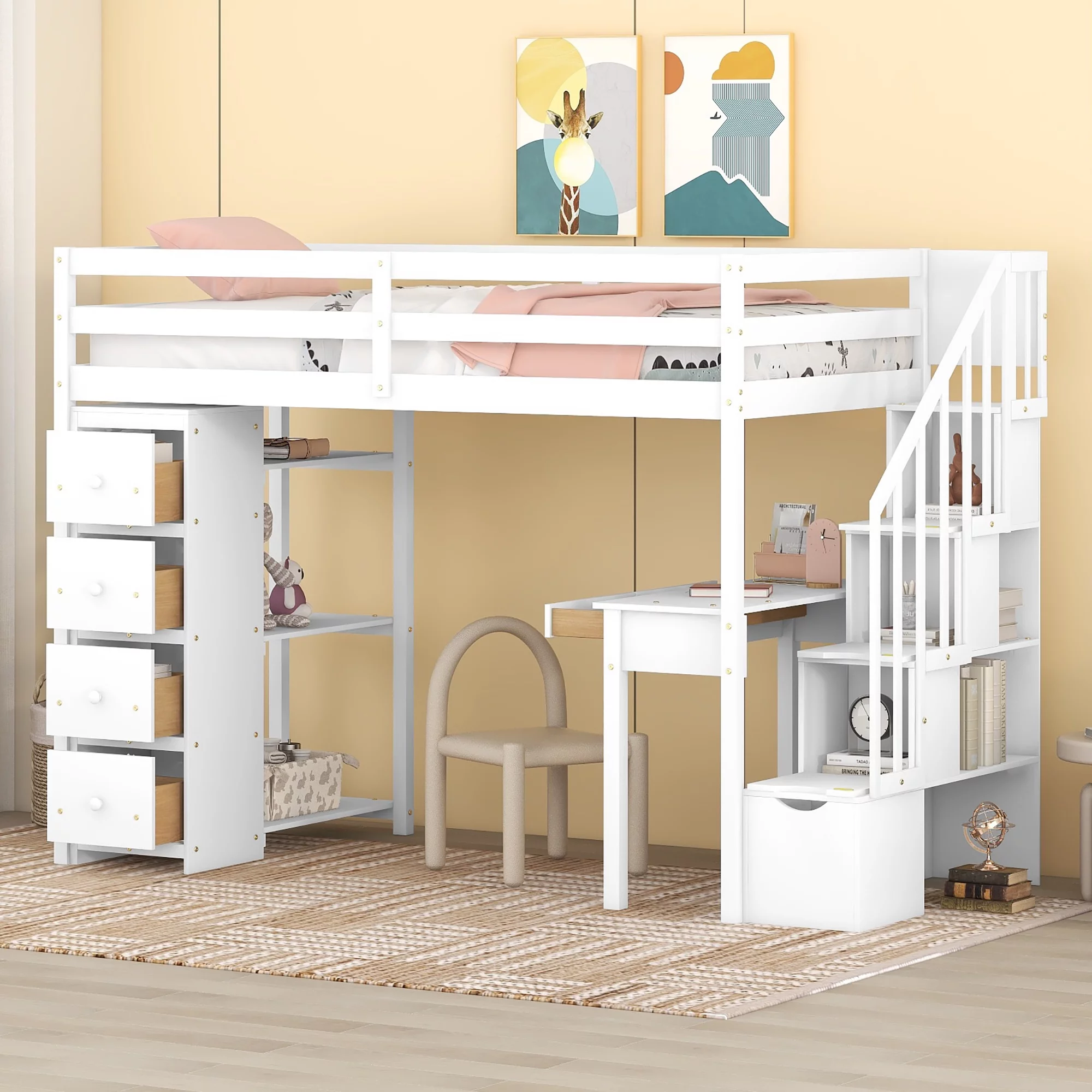 CoSoTower Twin Size Loft Bed with Storage Drawers ,Desk and Stairs, Wooden Loft Bed with Shelves - White