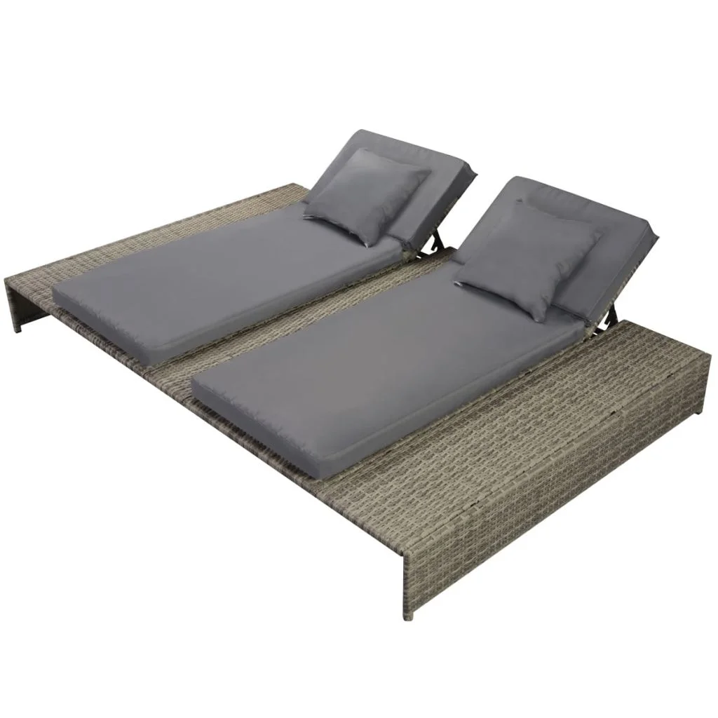 walmeck Double Sun Lounger with Cushion Poly Rattan Gray