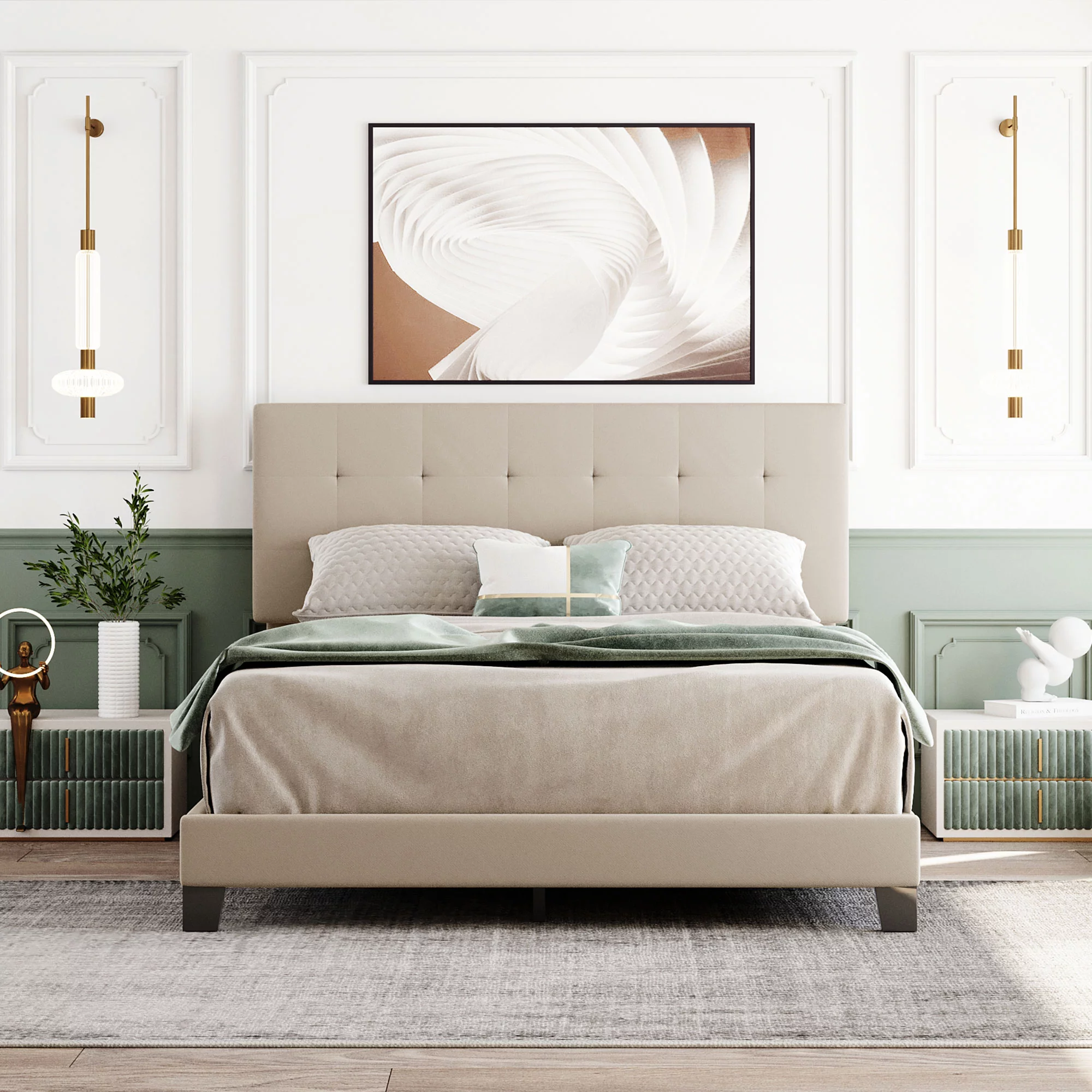 Nestfair Beige Queen Size Upholstered Platform Bed with Tufted Headboard