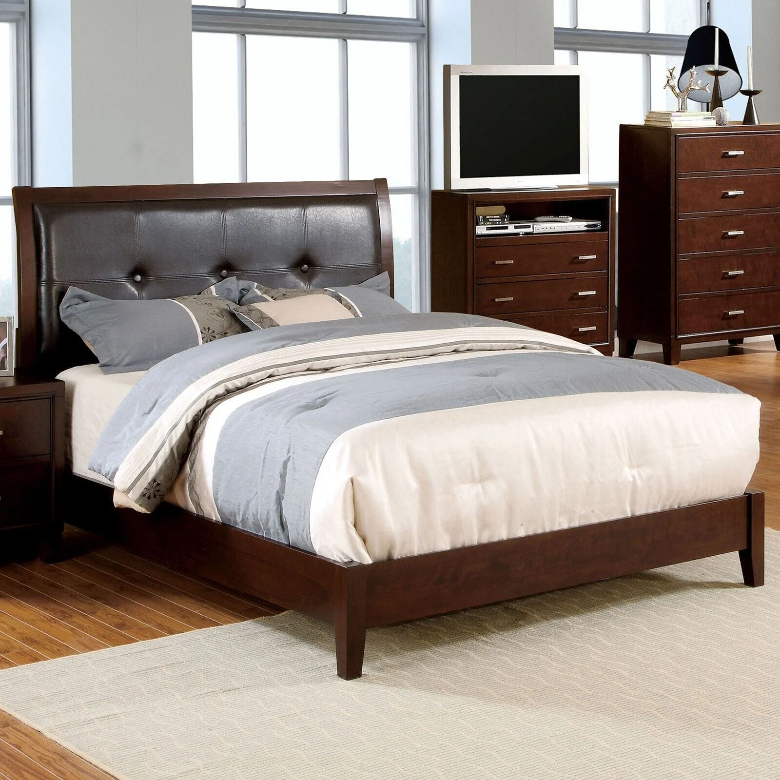 1pc Full Size Bed Brown Cherry Solidwood Tufted Upholstered Headboard Leahterette Contemporary Bedroom Furniture