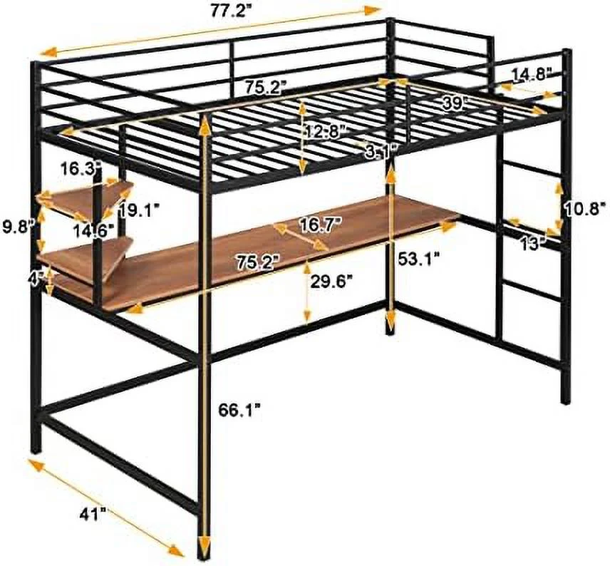 KHBIULIFE Twin Size Loft Metal Bed with Desk and Shelves Metal Slats Support Loft Bed with Ladders & Guardrails  Space-Saving Twin Loft Bed Frame for Teens & Adults  No Box Spring