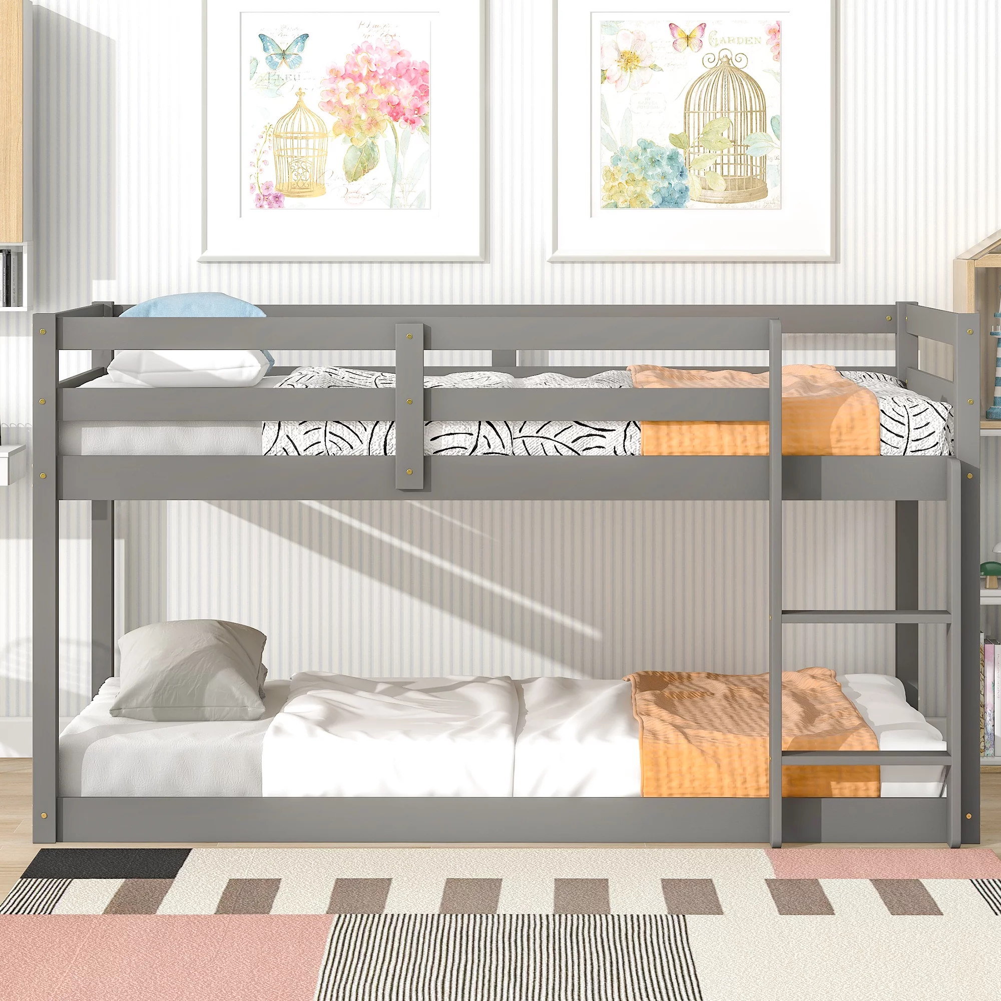 Gewnee Wood Twin over Twin Floor Bunk Bed with Built-in Ladder for Kid's Room,Gray