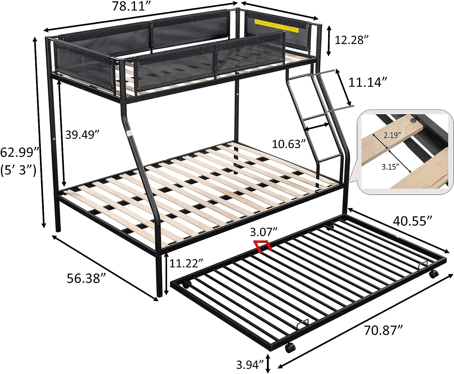 Over Full Metal Bunk Bed Frame With Desk, Ladder And Quality Slats For Bedroom (Black)