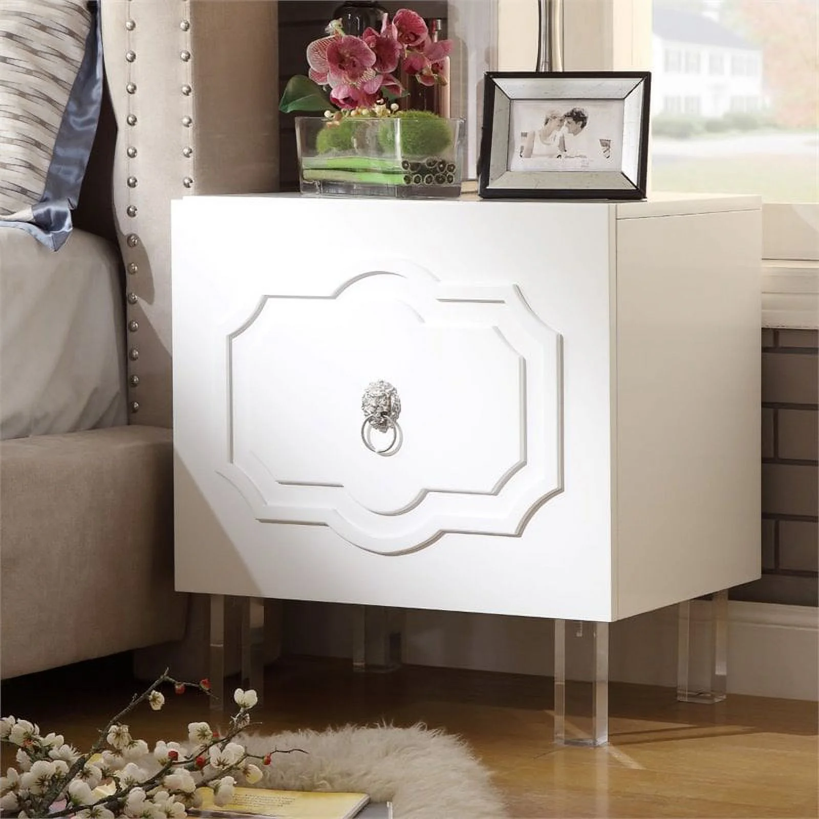 Posh Living Mackenzie 2-Hidden Shelf Nighstand with Lucite Legs in White