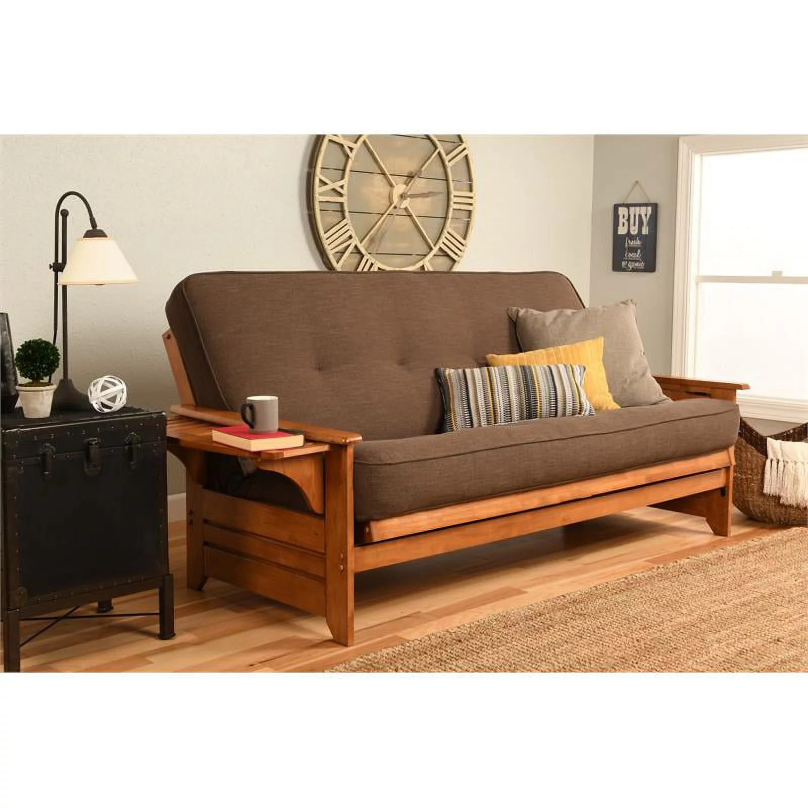 Bowery Hill Full Traditional Linen Fabric Futon in Cocoa Brown
