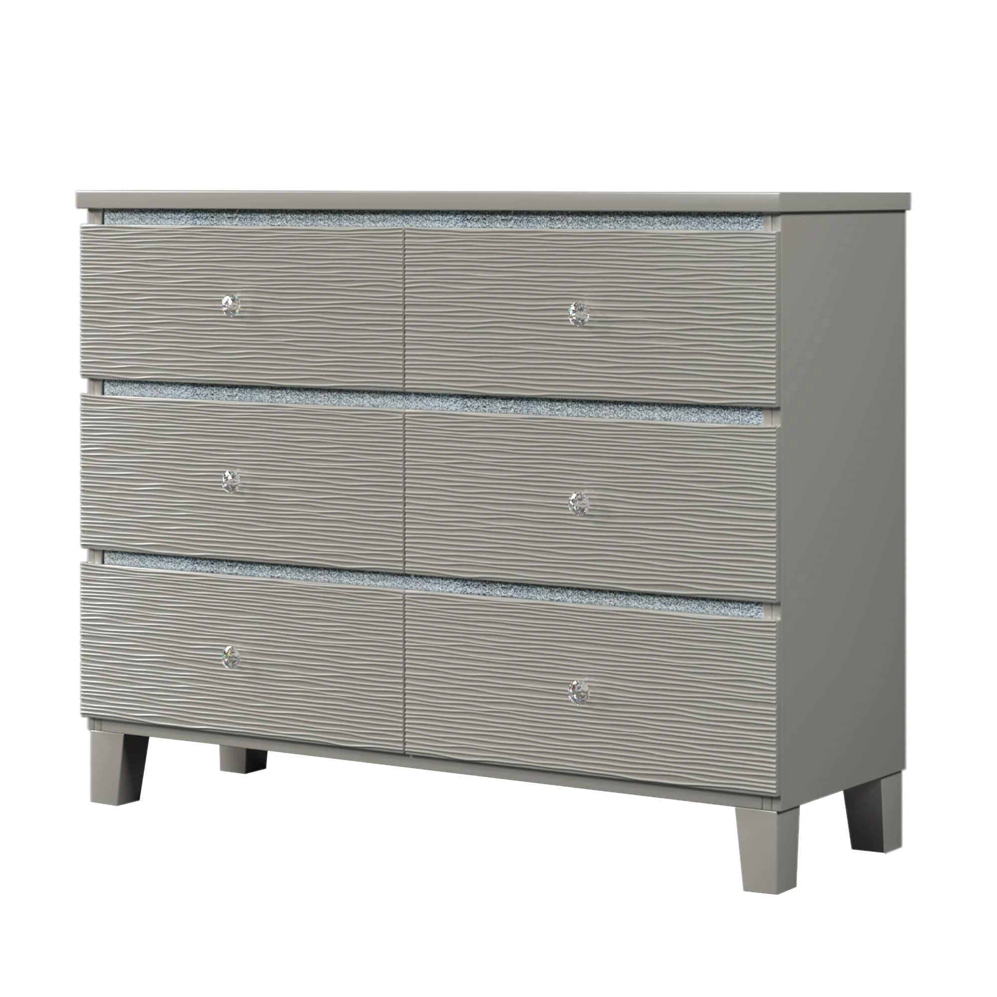 Champagne 6 Drawers Elegant Champagne Silver Dresser & Mirror Set, Solid Rubber Wood Construction, Crystal Handle, LED Lights