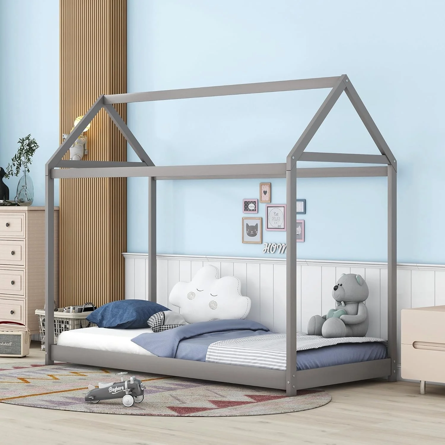 Size House Bed, Wooden Daybed, Floor Bed For oddlers, eens, Girls, Boys, Kids House Bed Frame Can Be Decoraed (Gray) Grey