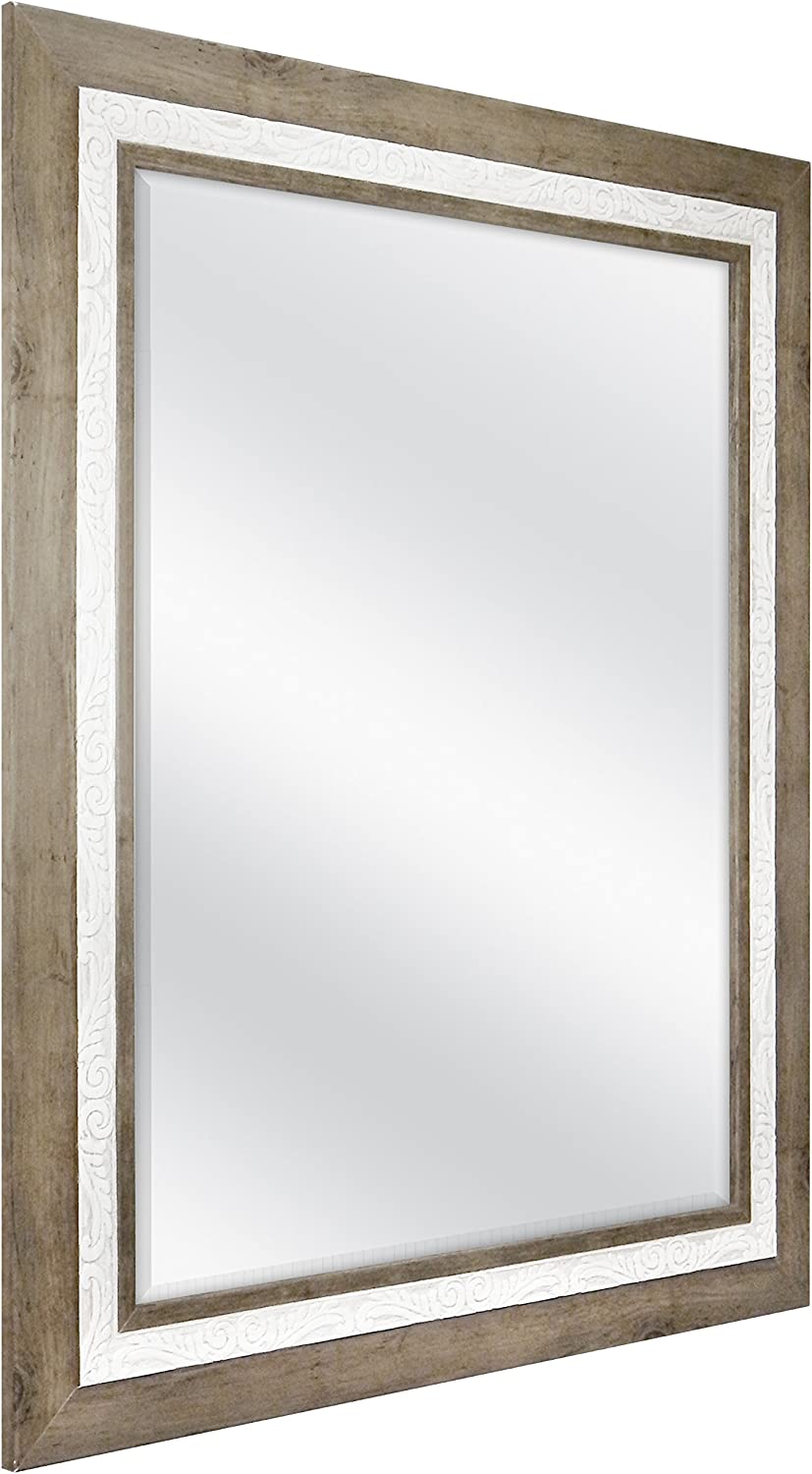18x24 inch Beveled Wall Mirror, 24.5x30.5 Inch Overall Size, Rustic Wood and Embossed Whitewash Finish