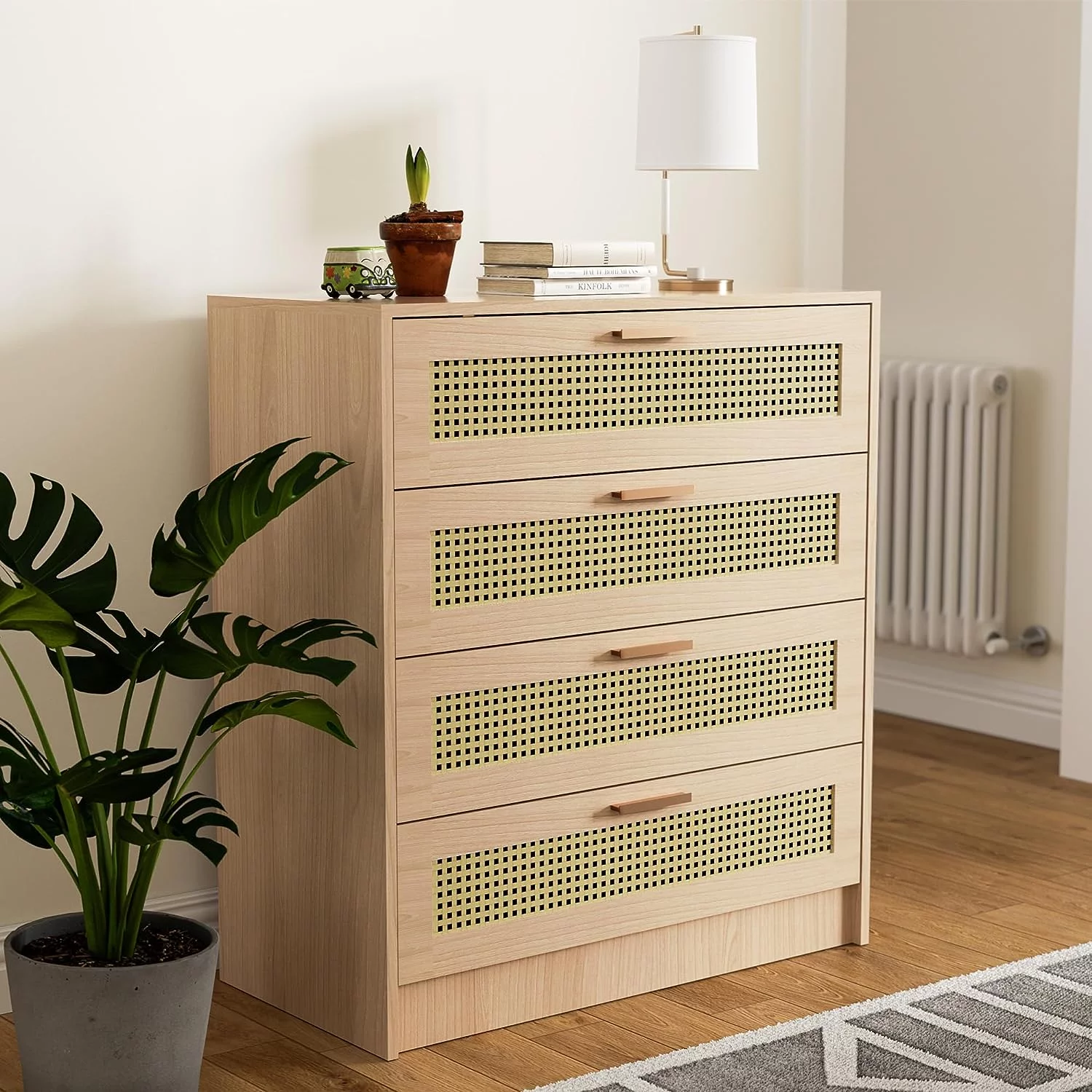 Cozy Castle Boho 4 Drawer Dresser, Wooden Chest of Drawers with Metal Handles, Modern Rattan Dresser for Bedroom, Oak