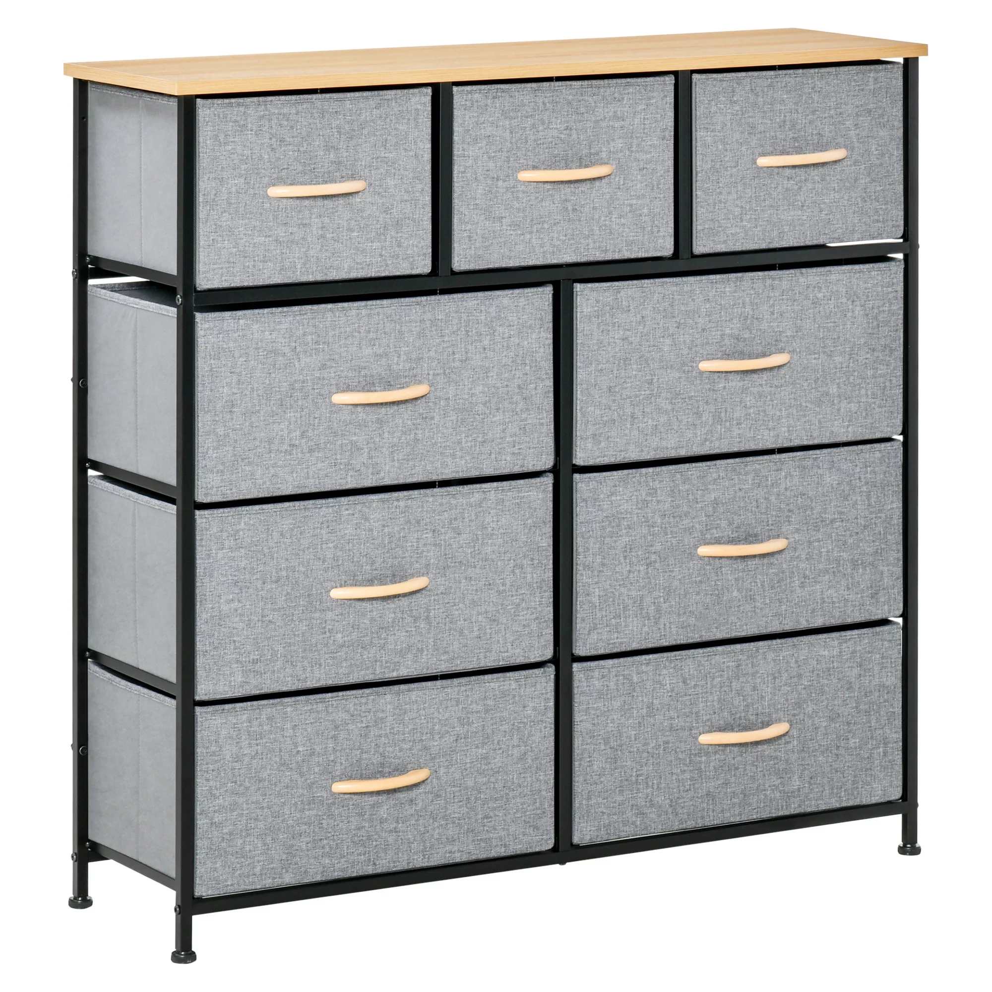 HOMCOM 9 Drawers Storage Chest Dresser Organizer Unit w/ Steel Frame, Wood Top, Easy Pull Fabric Bins, for Bedroom, Hallway, Closet, Entryway, Oak & Grey