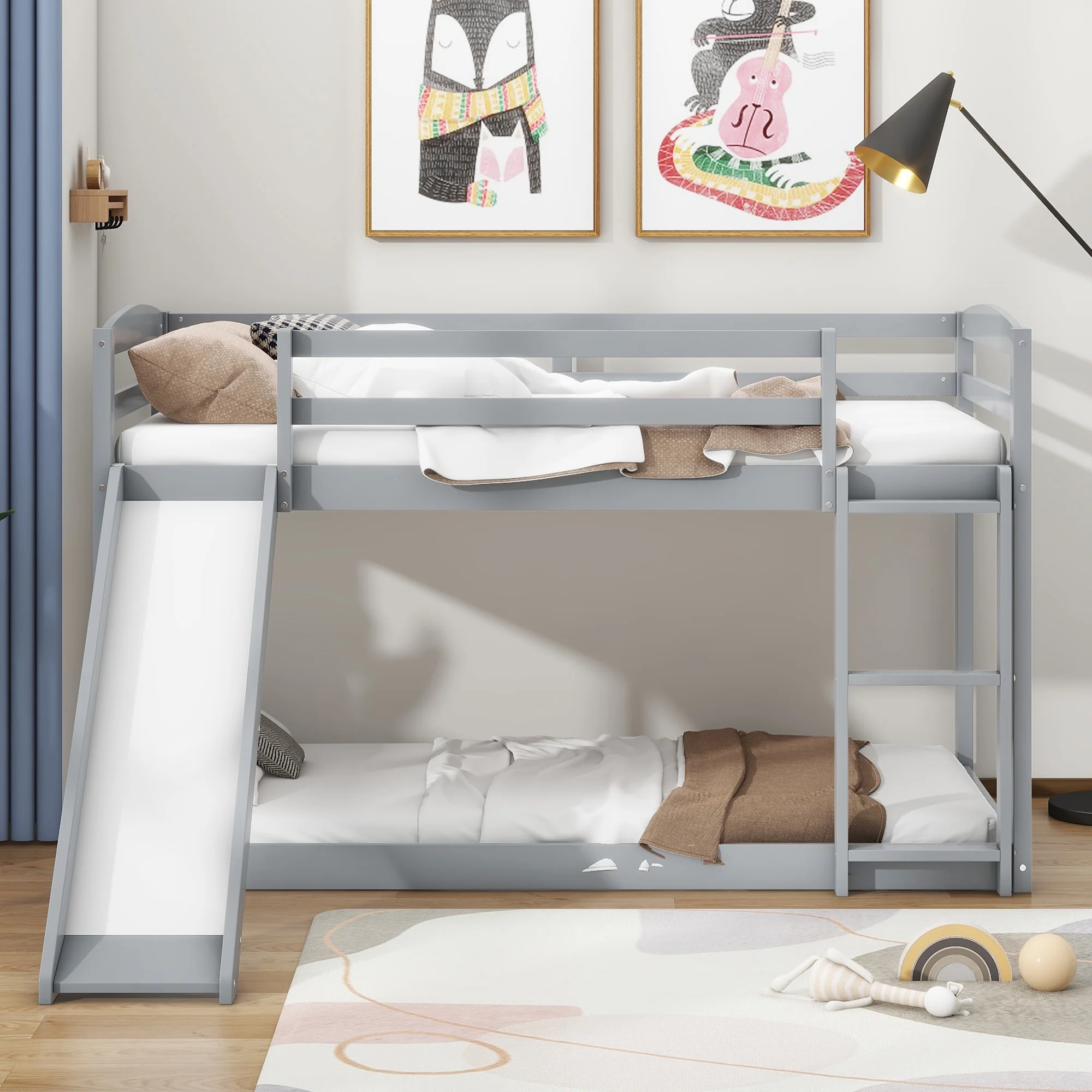 Euroco Twin over Twin Low Bunk Bed with Slide and Ladder for Kids Room, Gray