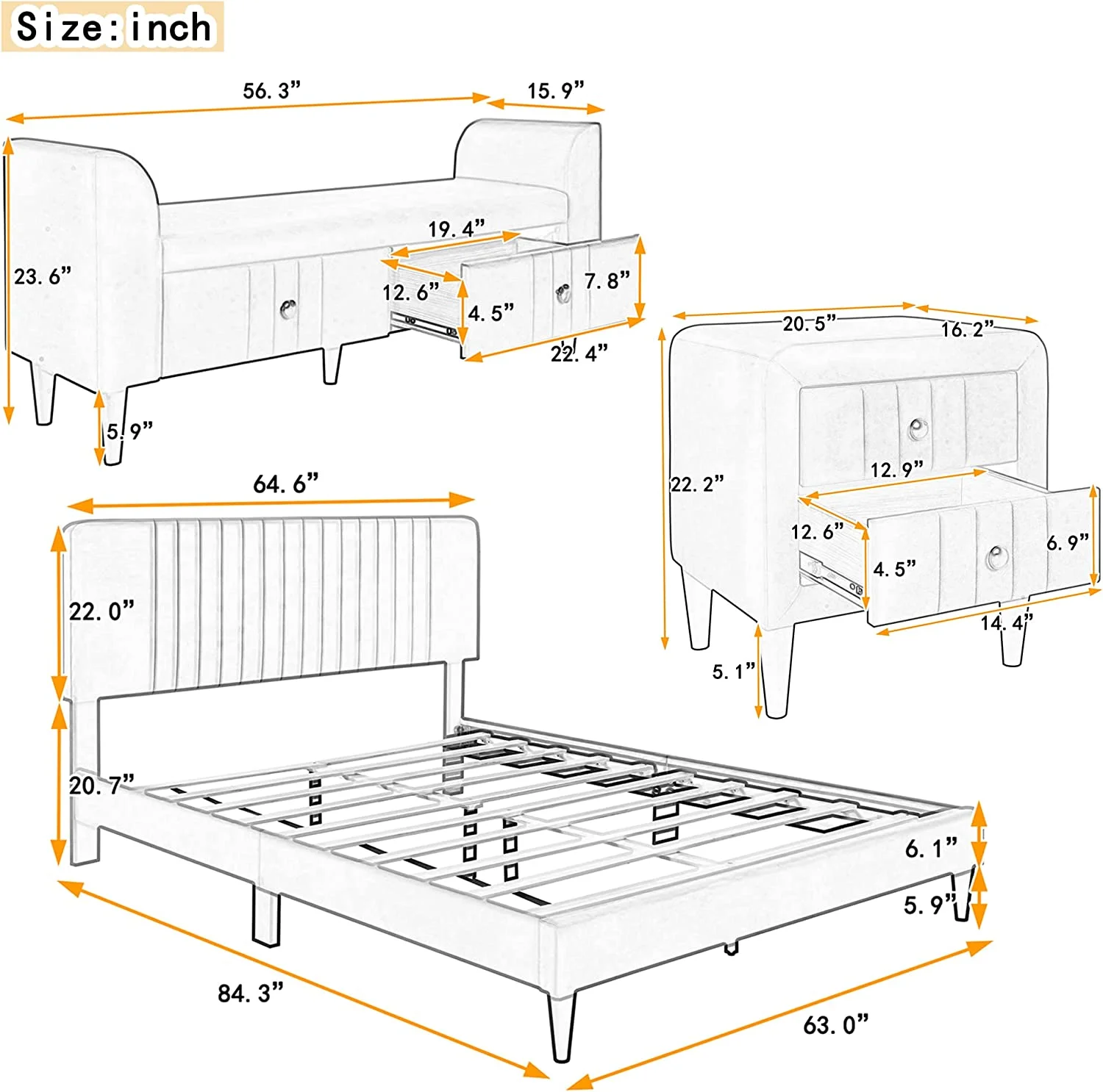 Bedroom Furniture Sets, 4-Pieces Bedroom Sets, Queen Size Upholstered Platform Bed With 2 Nightstands And Storage Bench, Green