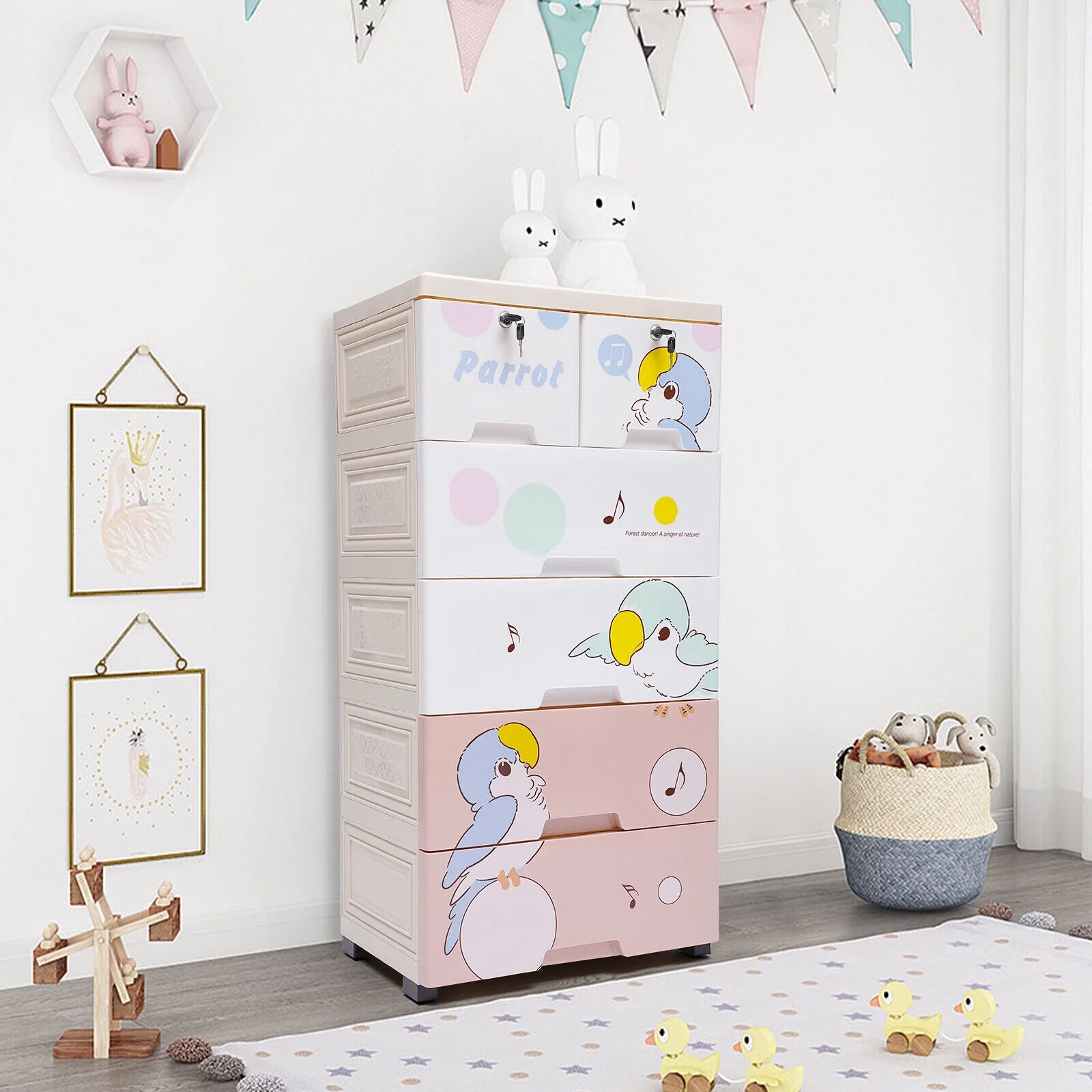 MIDUO Plastic Drawers for Clothes, 19.69*13.78*40.16in Multi-color Stackable Vertical Clothes Storage Tower w/6 Drawers, 5 Wheels, 2 Locks, Removable Closet Drawers Tall Dresser Organizer