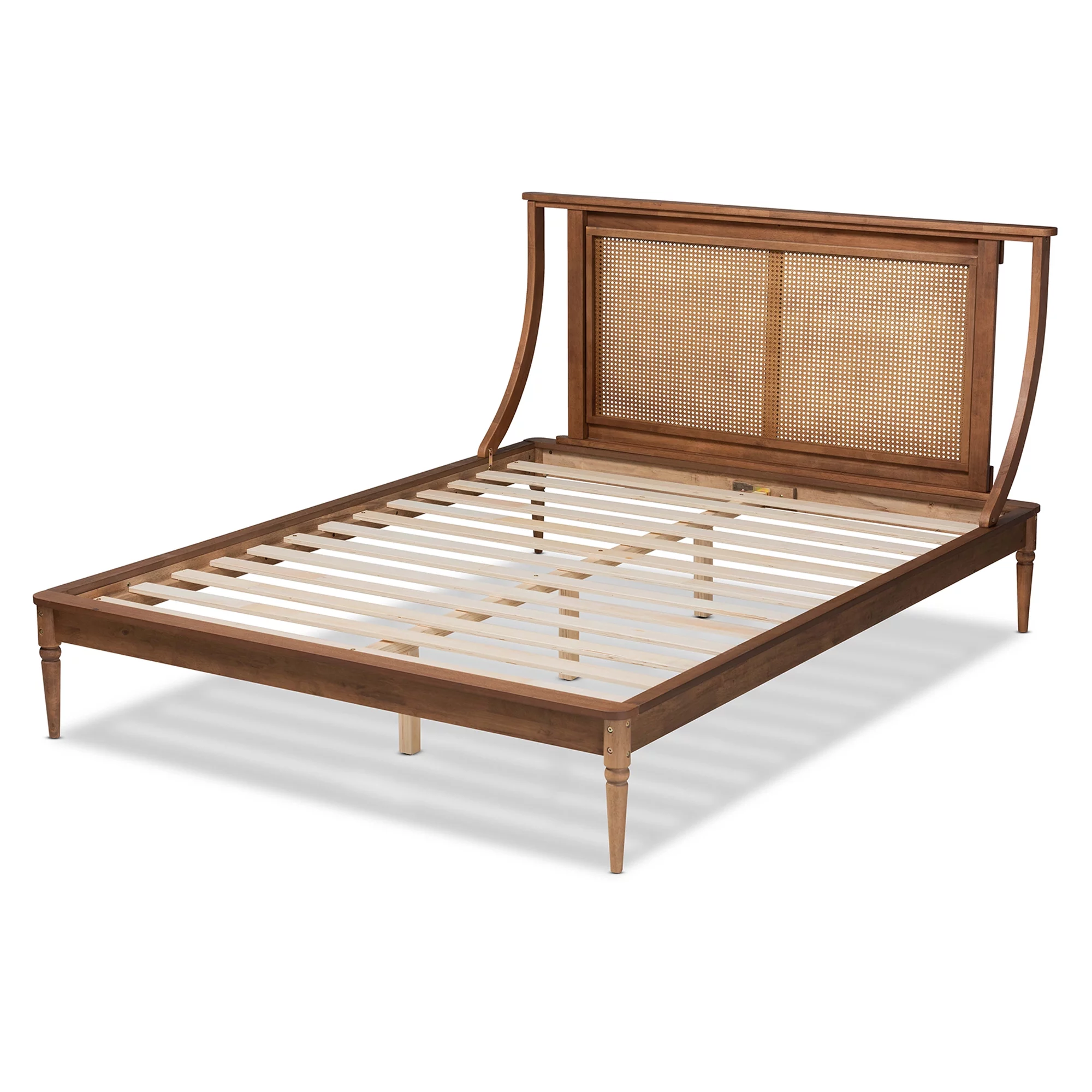 Baxton Studio Jamila Modern Transitional Walnut Brown Finished Wood and Synthetic Rattan Queen Size Platform Bed