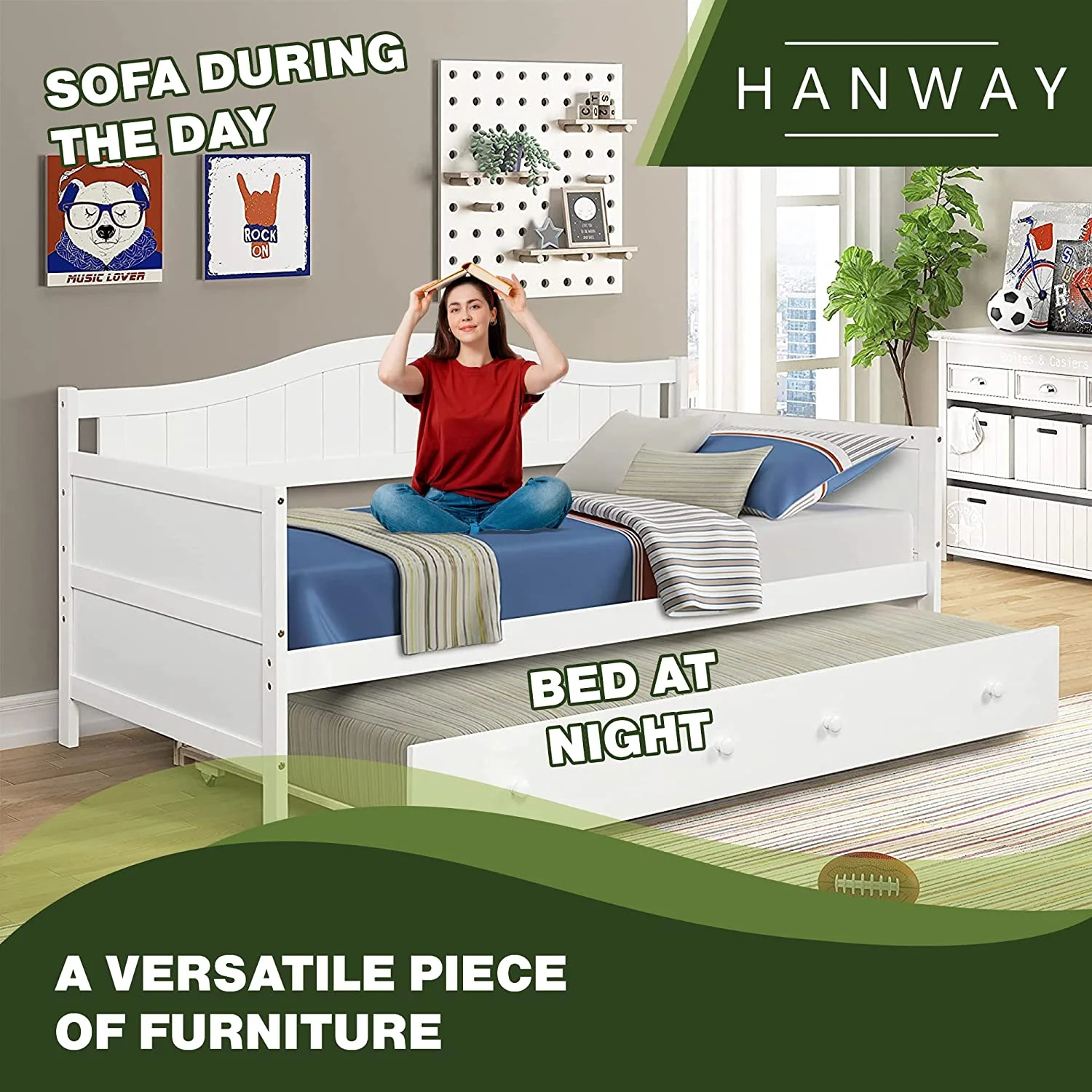 Twin Daybed with Trundle  Twin Size Daybed Frame with Trundle  Elegant White Paint  Can Fit 2 Separate Twin Size Mattresses (Not Included)