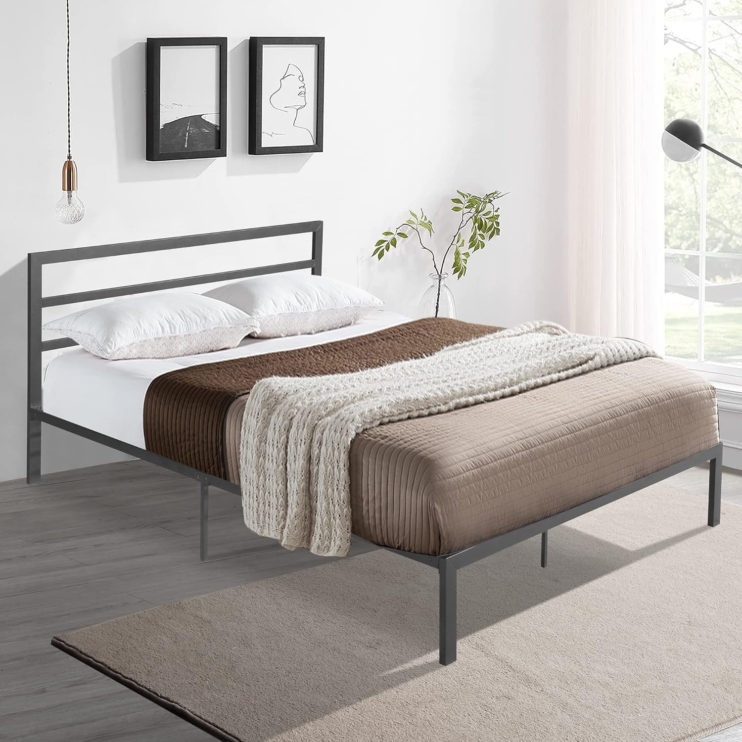 Quee Size Metal Platform Bed With Headboard, Moder Metal Platform Beds Quee With Support Slats For Bedroom Oe Year Warraty (Grey)