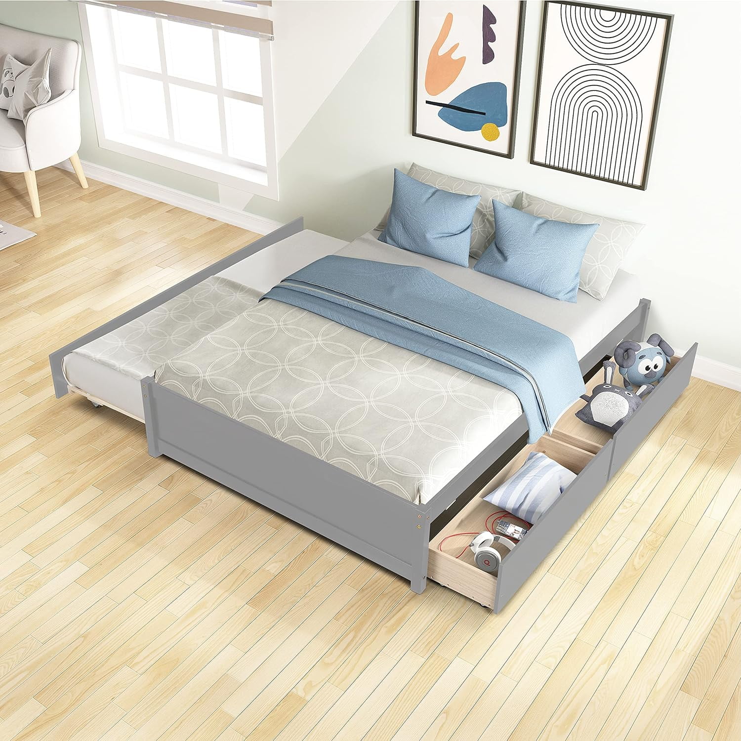 Full Bed With Trundle And Two Drawers, Wooden Platform Bed Frame (Gray)