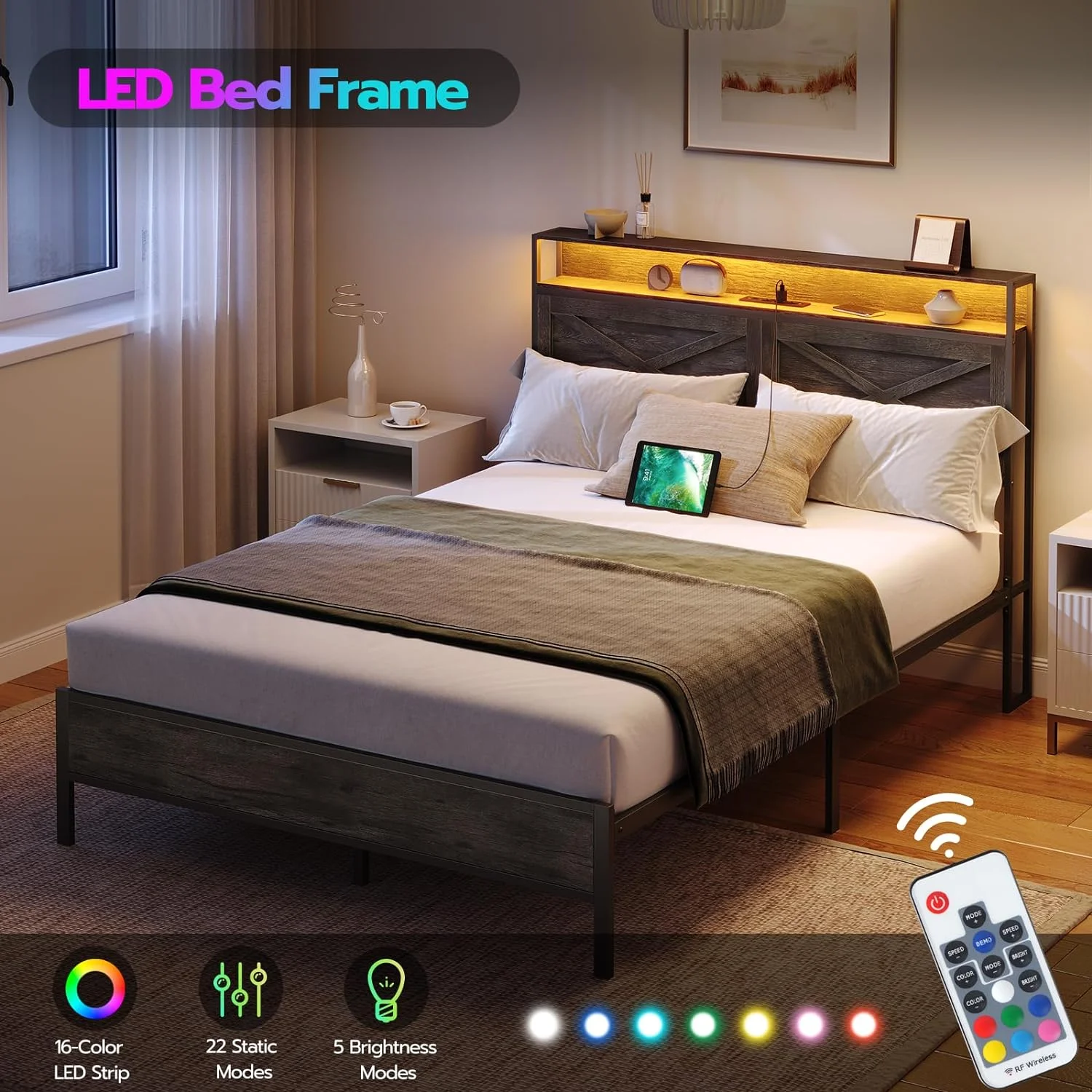 HOOBRO Full Size Bed Frame with Charging Station and LED Lights Noise-Free No Box Springs Needed Charcoal Black BC01UDBF01