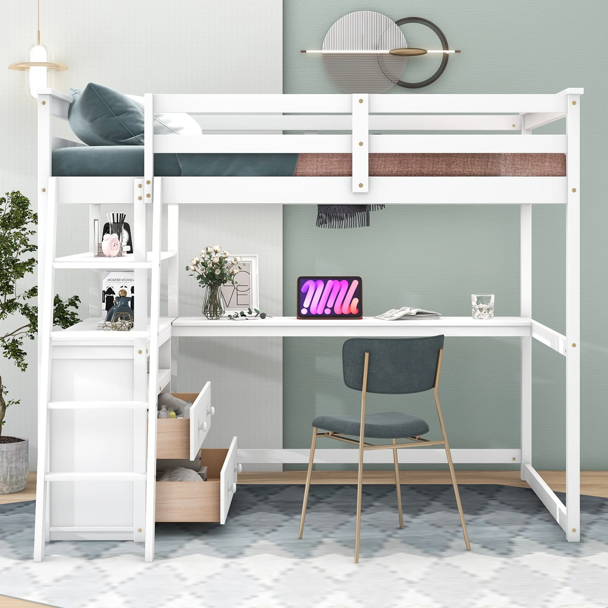 Nestfair Full Size Loft Bed with Desk and Shelves White