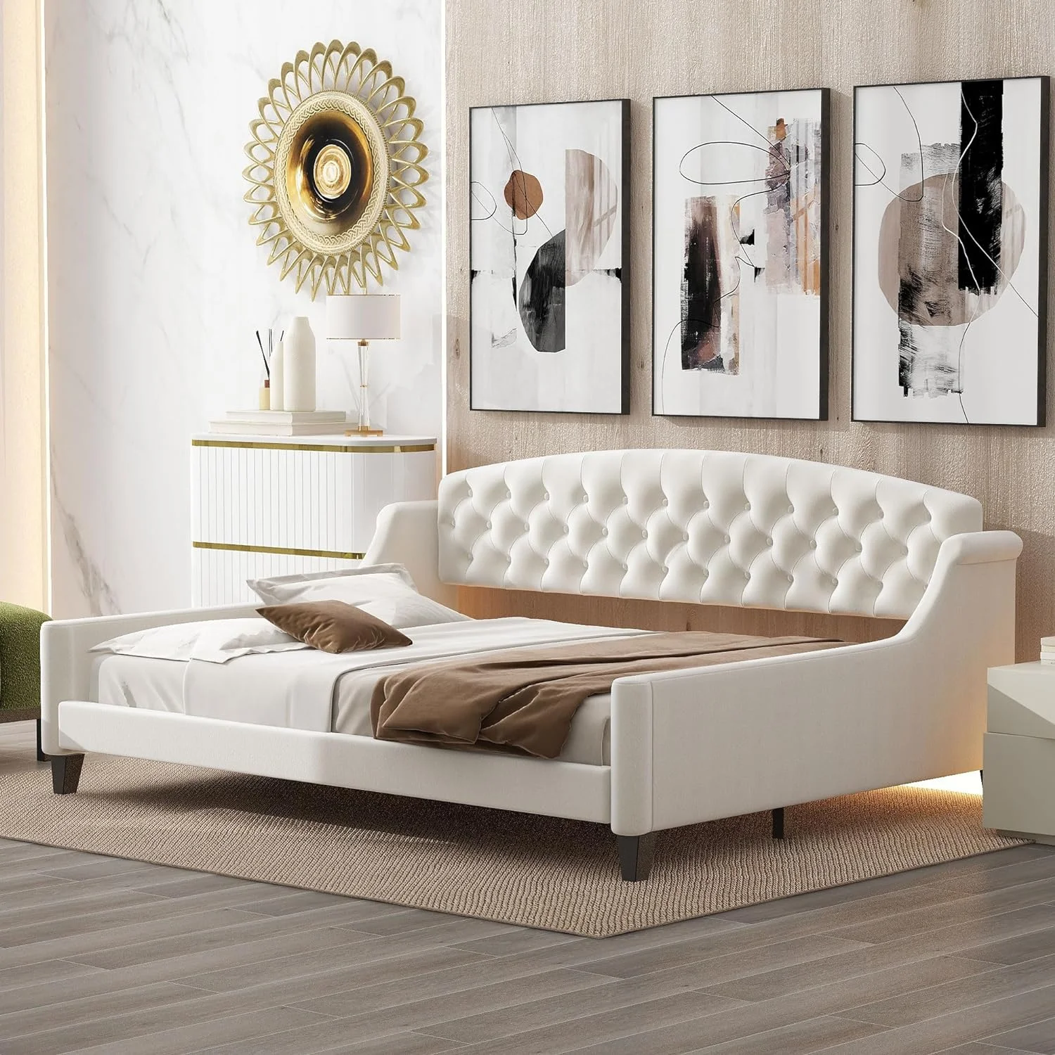 Upholsered Full Size Daybed Wih Moder Luxury ufed Buo, Full Daybed Frame Wih Sla Suppor Ad Arm, Full Sofa Bed For Livig Room Bedroom (Full, Beige), HZG-GX001009AAA