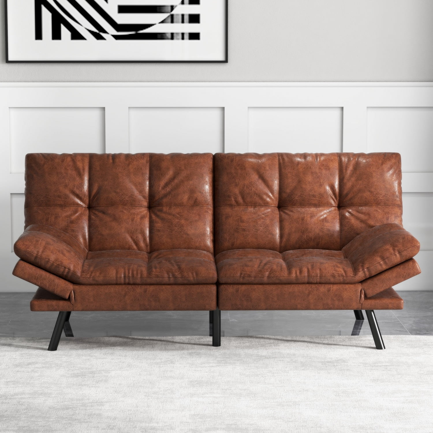 Smiaoer Faux Leather Futon Sofa Convertible Couch Memory Foam Sofa Bed,Brown