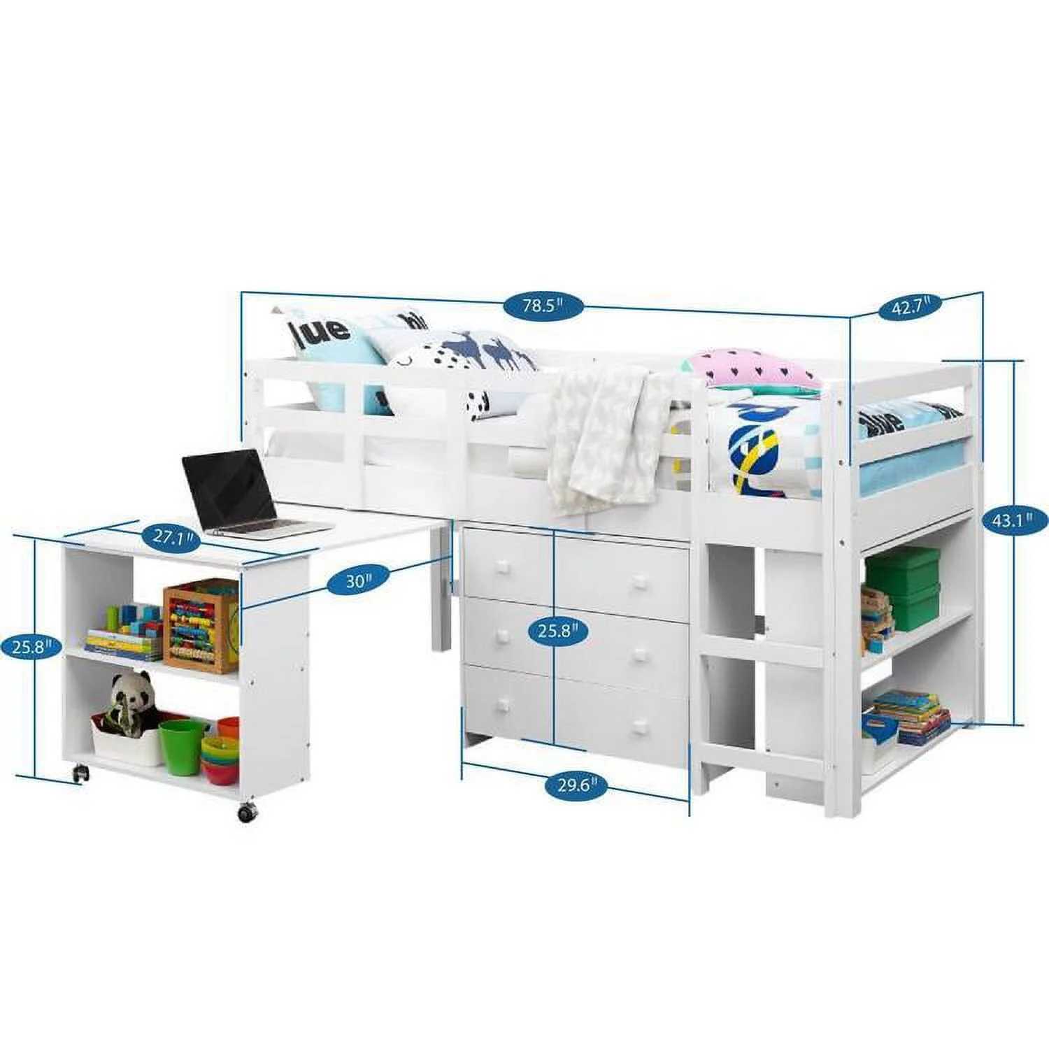 Twin Size Bed with Desk Low Study Kids Loft Bed with Desk and Storage Space-Saving Low Loft Bed with Storage Cabinet, Ladder, Safety Guard Rails, Bookcase Shelf, White