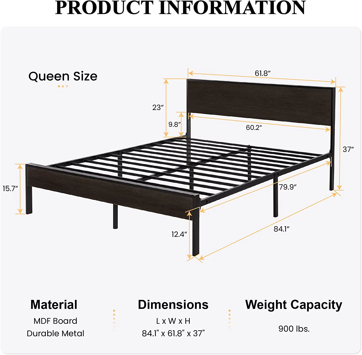 Sha Cerlin Black Queen Size Metal Platform Bed Frame with Wood Headboard & Underbed Storage, Adult