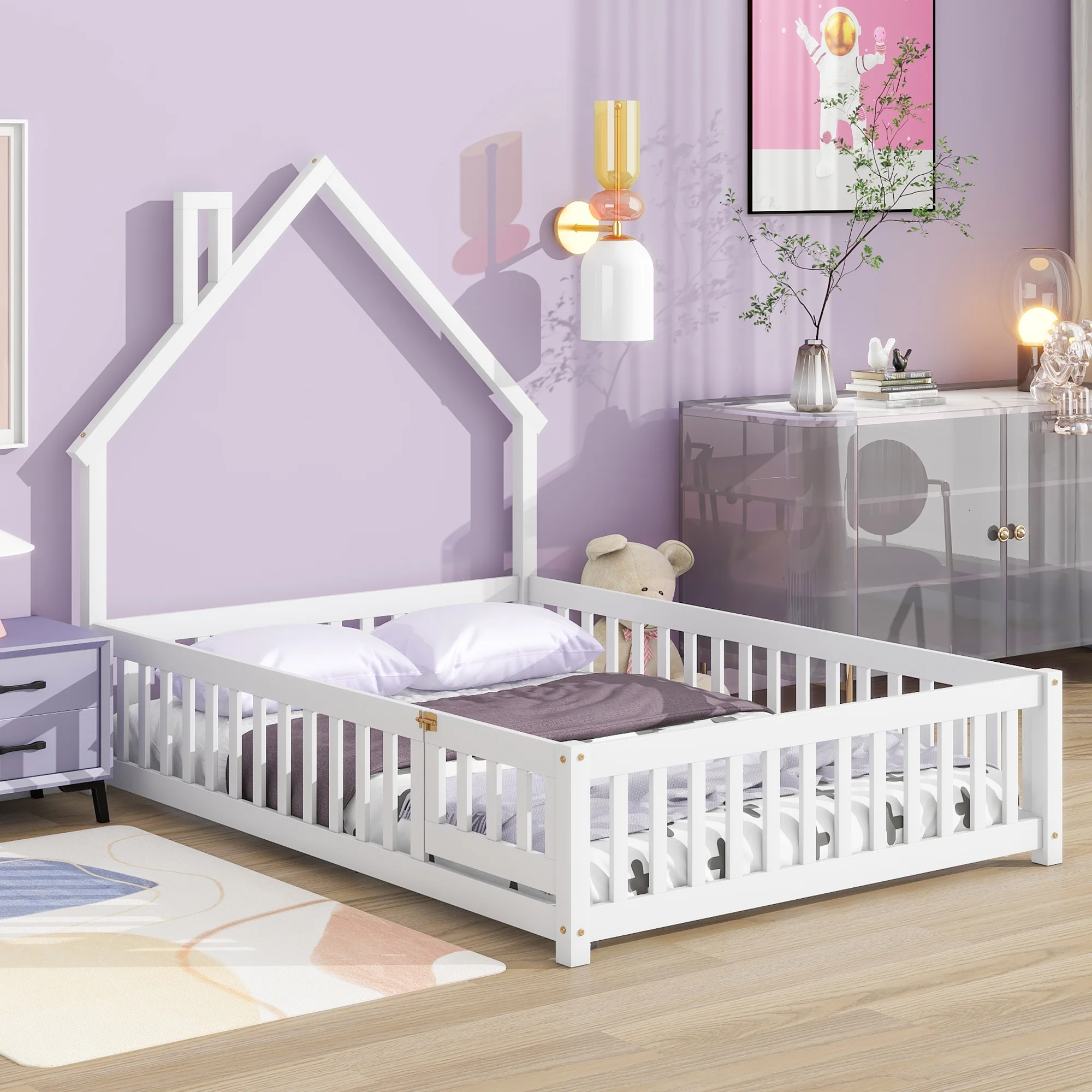 PORKISS Full Size House Platform Bed for Kids with House-Shaped Headboard, Low Floor Bed with Guardrails Fence, White