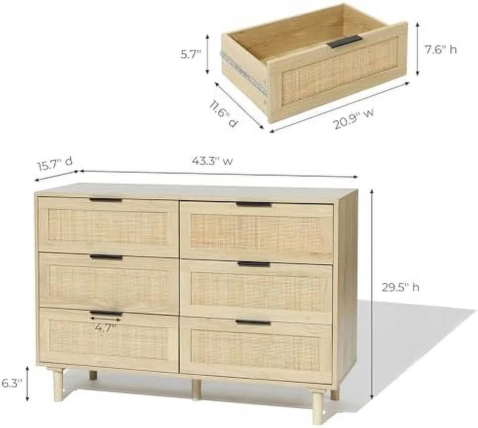 xrboomlife LuxenHome Dresser for Bedroom  Farmhouse Rattan Dresser with 6 Drawers  6 Drawer Dresser for Bedroom  Mid Century Modern Dresser  Bedroom Dresser for Nursery  TV Stand Dresser