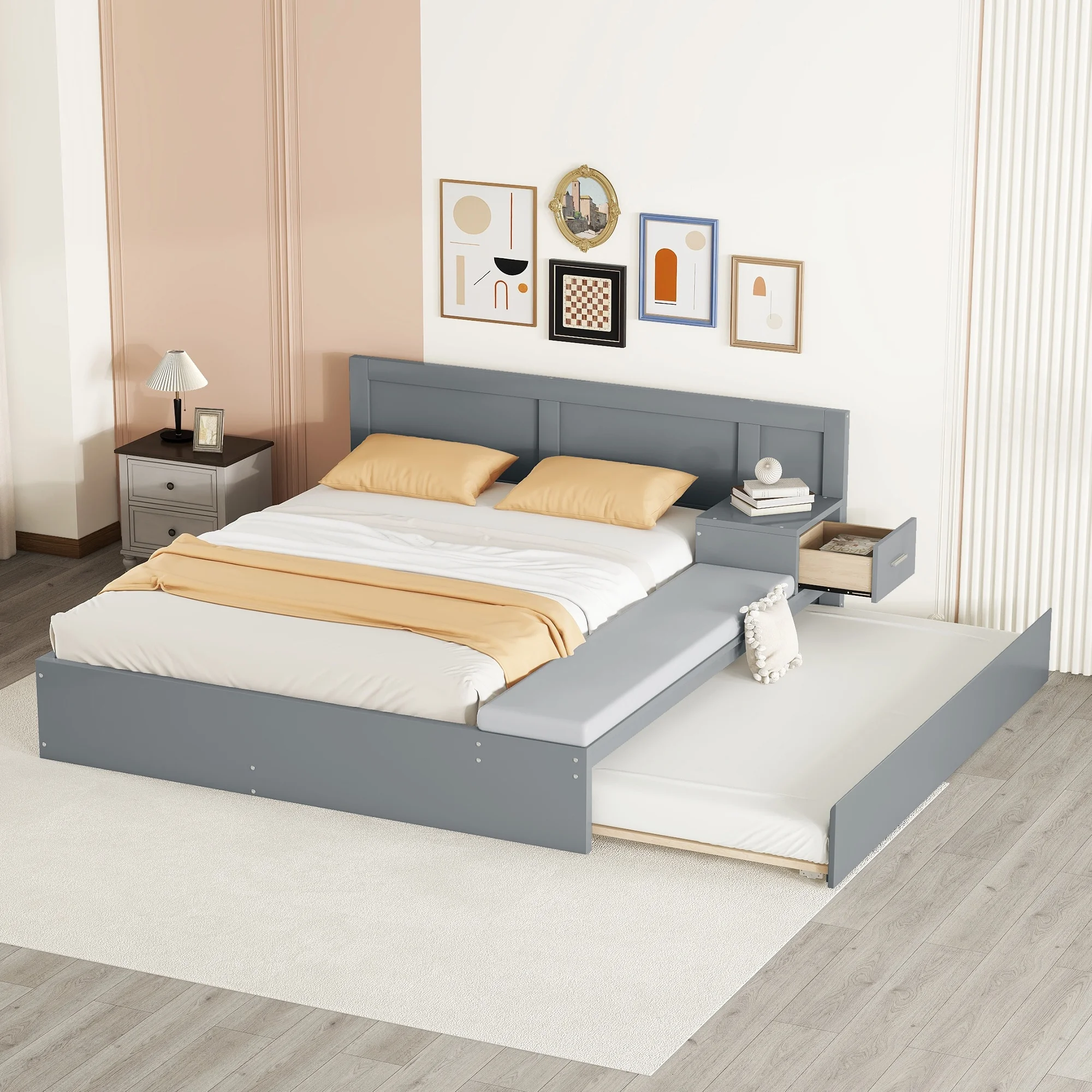 EUROCO Wood Full Size Storage Platform Bed with Desk and Trundle, Lift Up Hydraulic Storage Bed with Upholstery Cushion, Gray