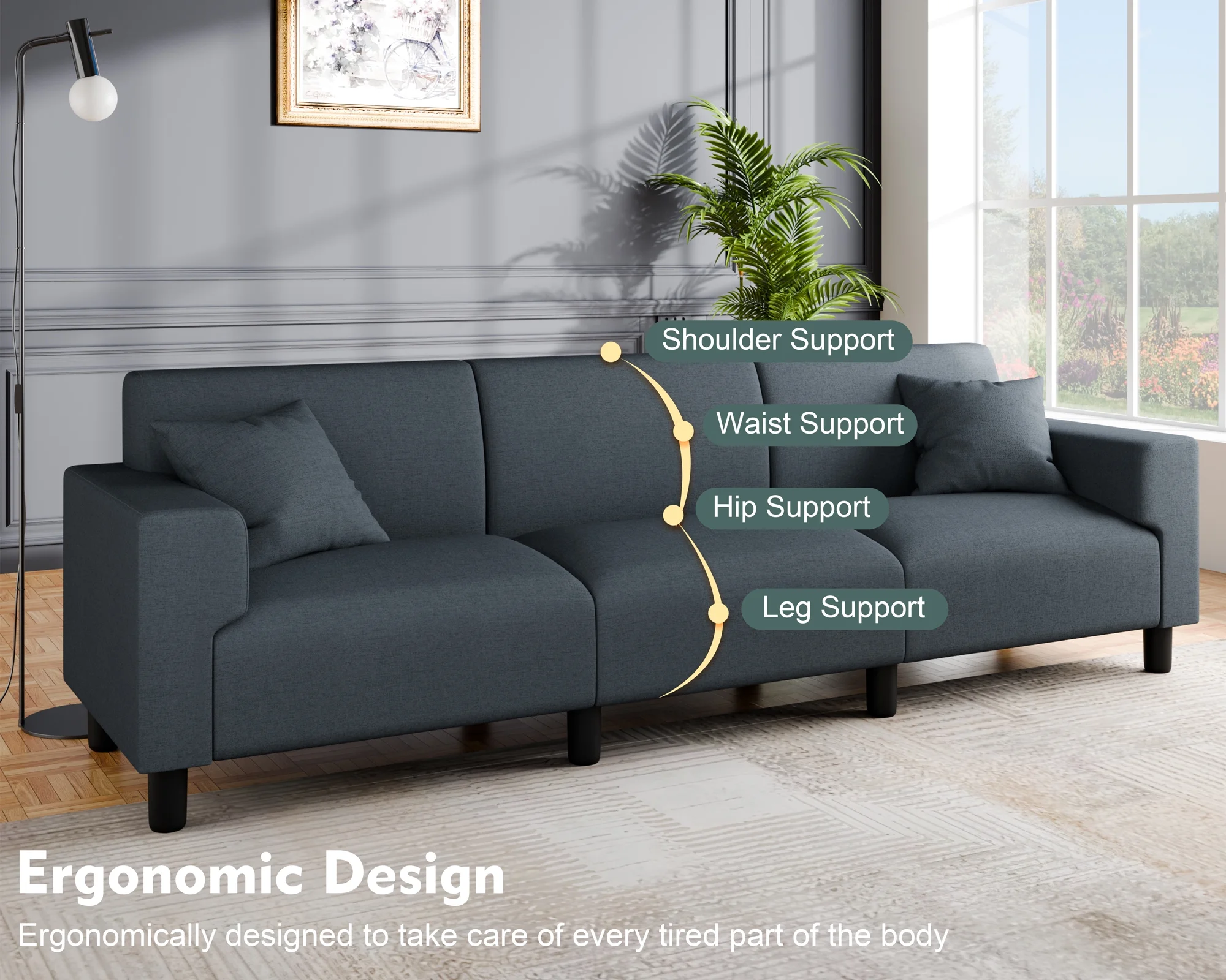 Walsunny 94'' Sofa Couch Modern Upholstered 3-Seater Sofa with Deep Cushion Comfy Sleeper Sofa Couch with Two Pillows Dark Grey