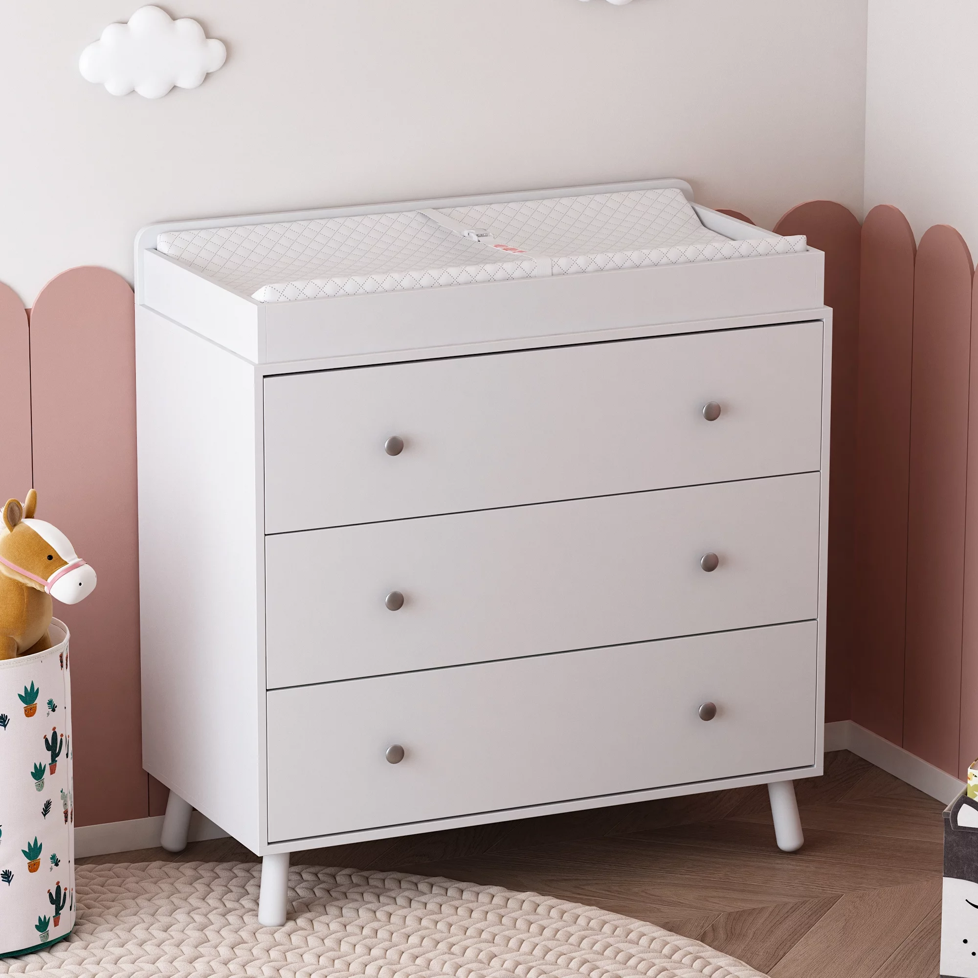 3 Drawer Changing Table and Storage Dresser with Open storage compartment and Removable Pad, Baby Changing Table for Kids rooms,White