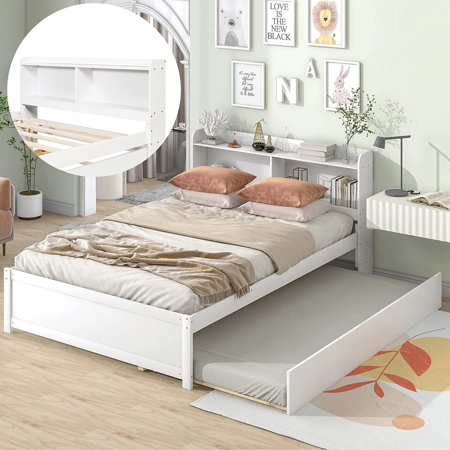 Bed Frame With Trundle, Wood Bed With Headboard, Size Platform Bed With Pull Out Trundle For Kids, Guest Room, Small Living Space, No Box Spring Needed, White