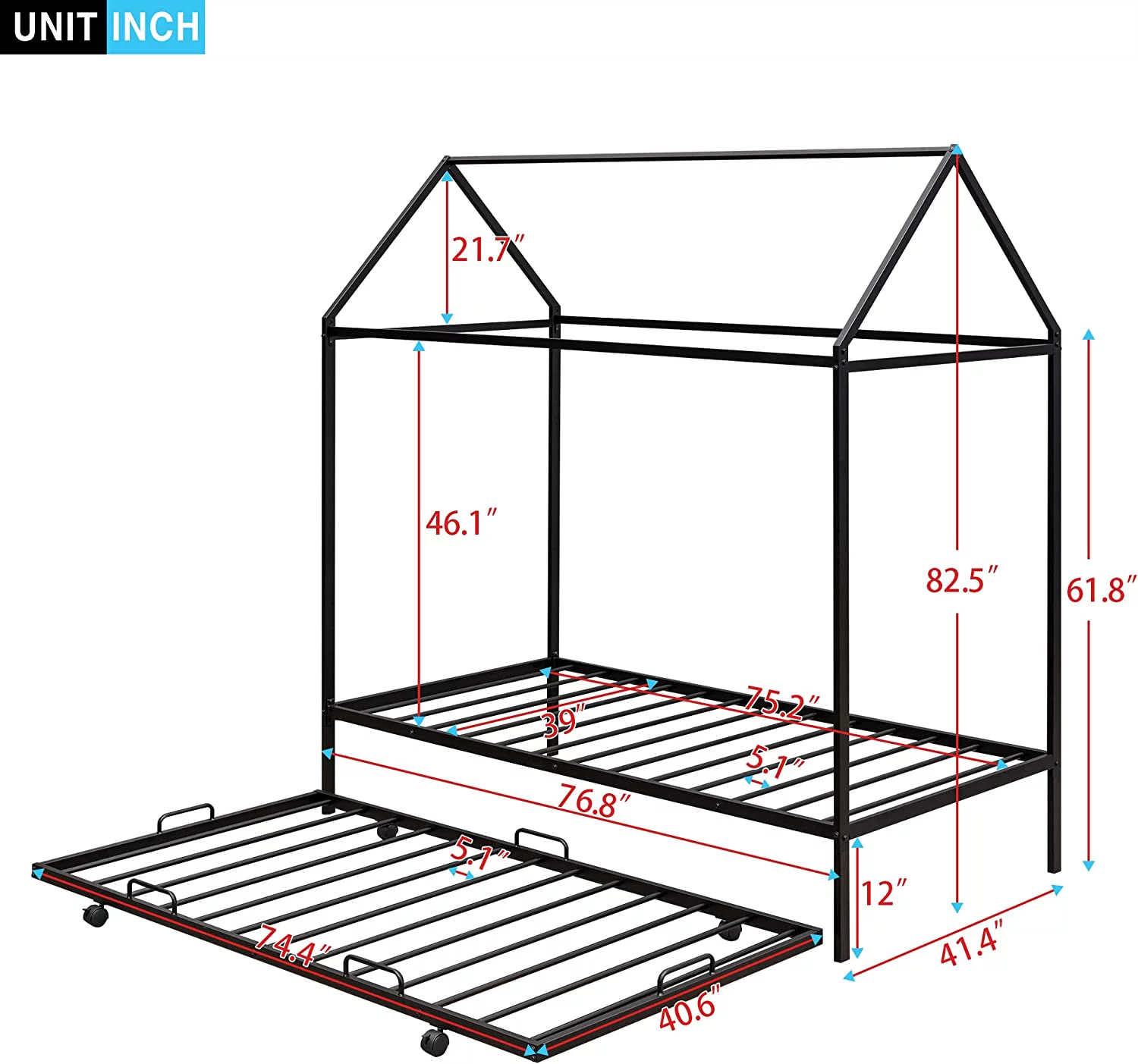 YGDU Twin Kids Day Bed House Shaped Low Beds, Wood Platform Bed Frame for Girls, Boys, No Box Spring Needed, Easy Assemble (Twin,Black