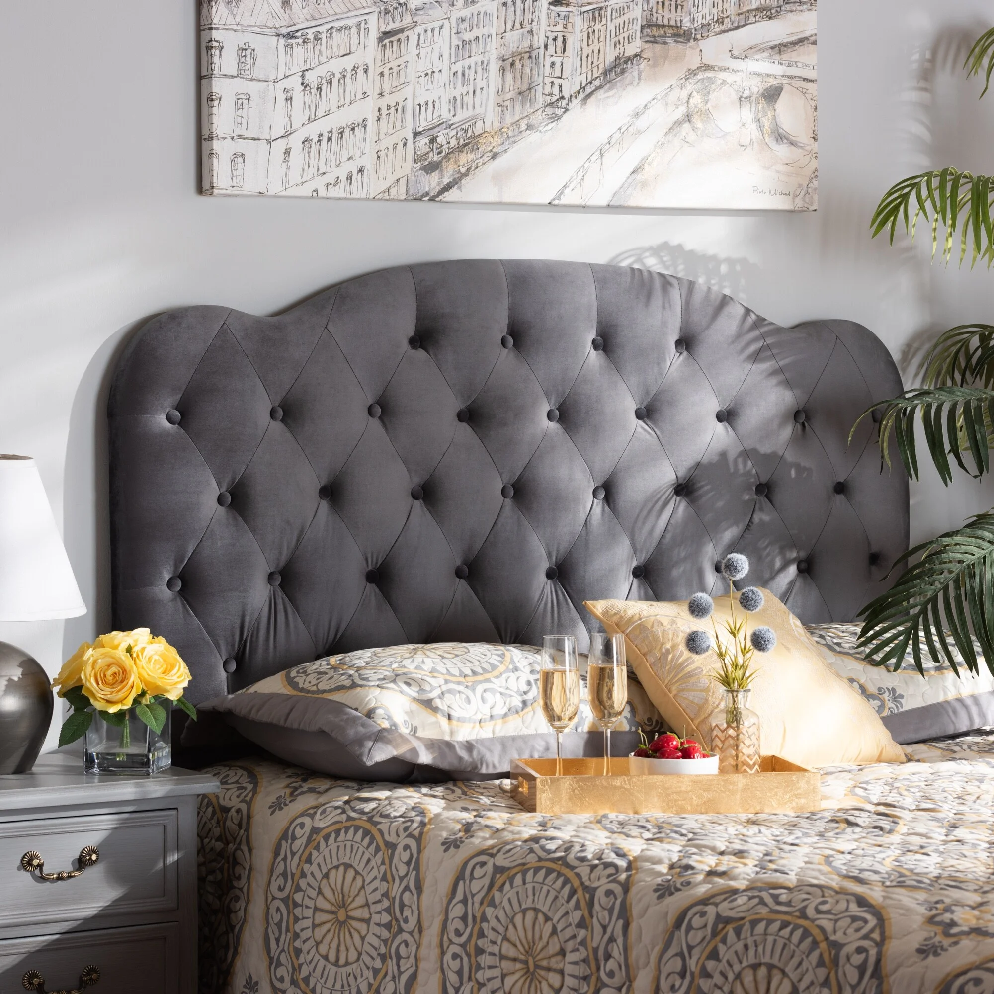 Baxton Studio Clovis Modern and Contemporary Velvet Upholstered Headboard-Grey Full