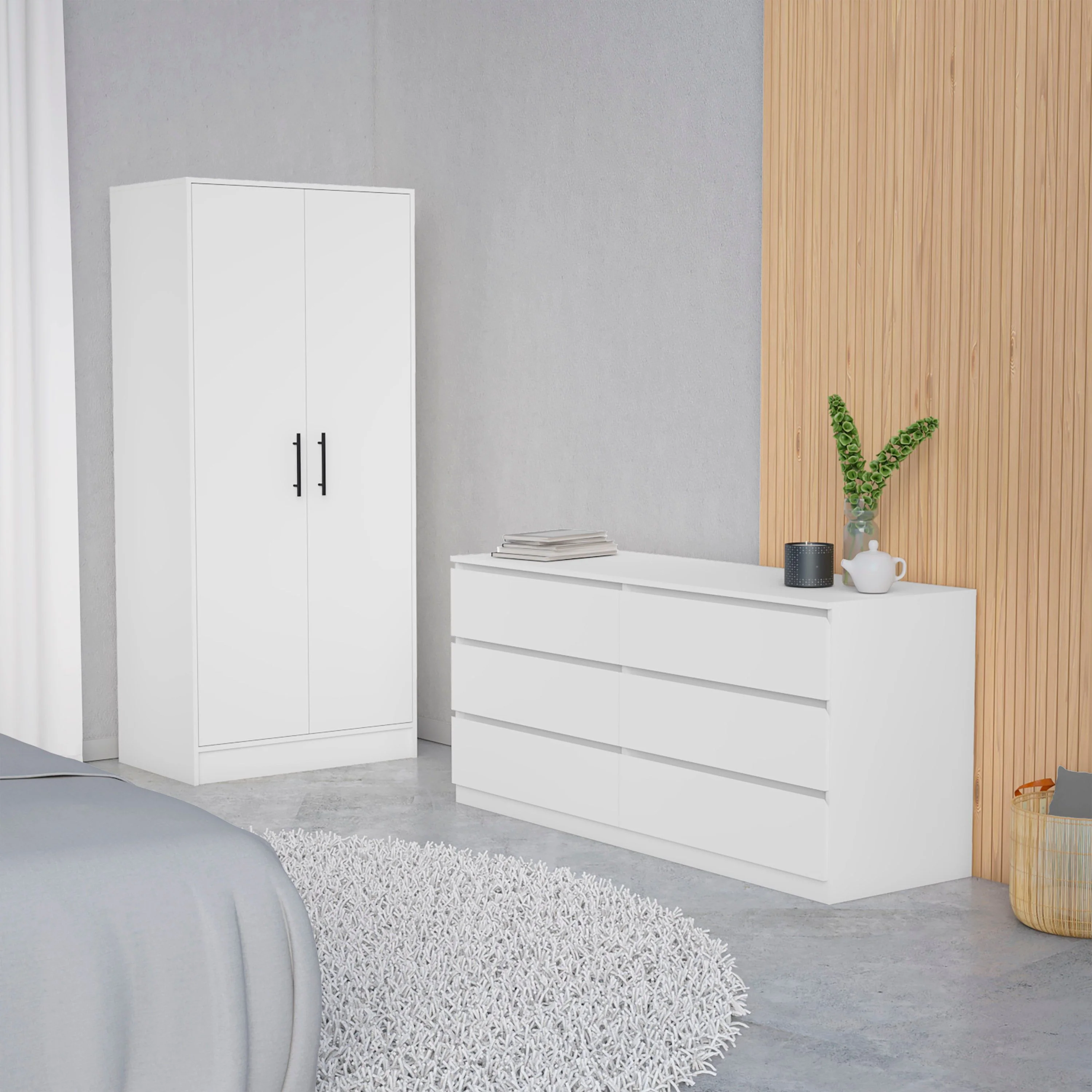 FM Furniture Wyoming 2-Piece Bedroom Set with Armoire and 6-Drawer Dresser, White