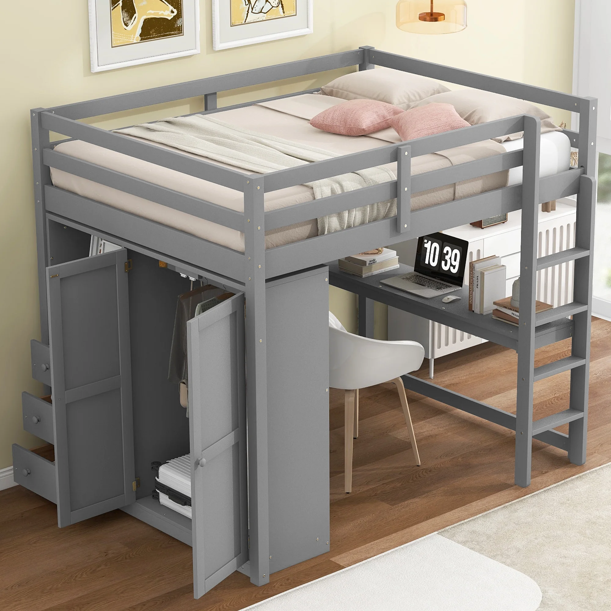Euroco Full Size Wood Loft Bed with Desks, 3 Drawers, 2-Tier Shelf and a Wardrobe with Clothes Hanger for Living Room, Multifunctional Loft Bed for Sleeping or Studying, Gray