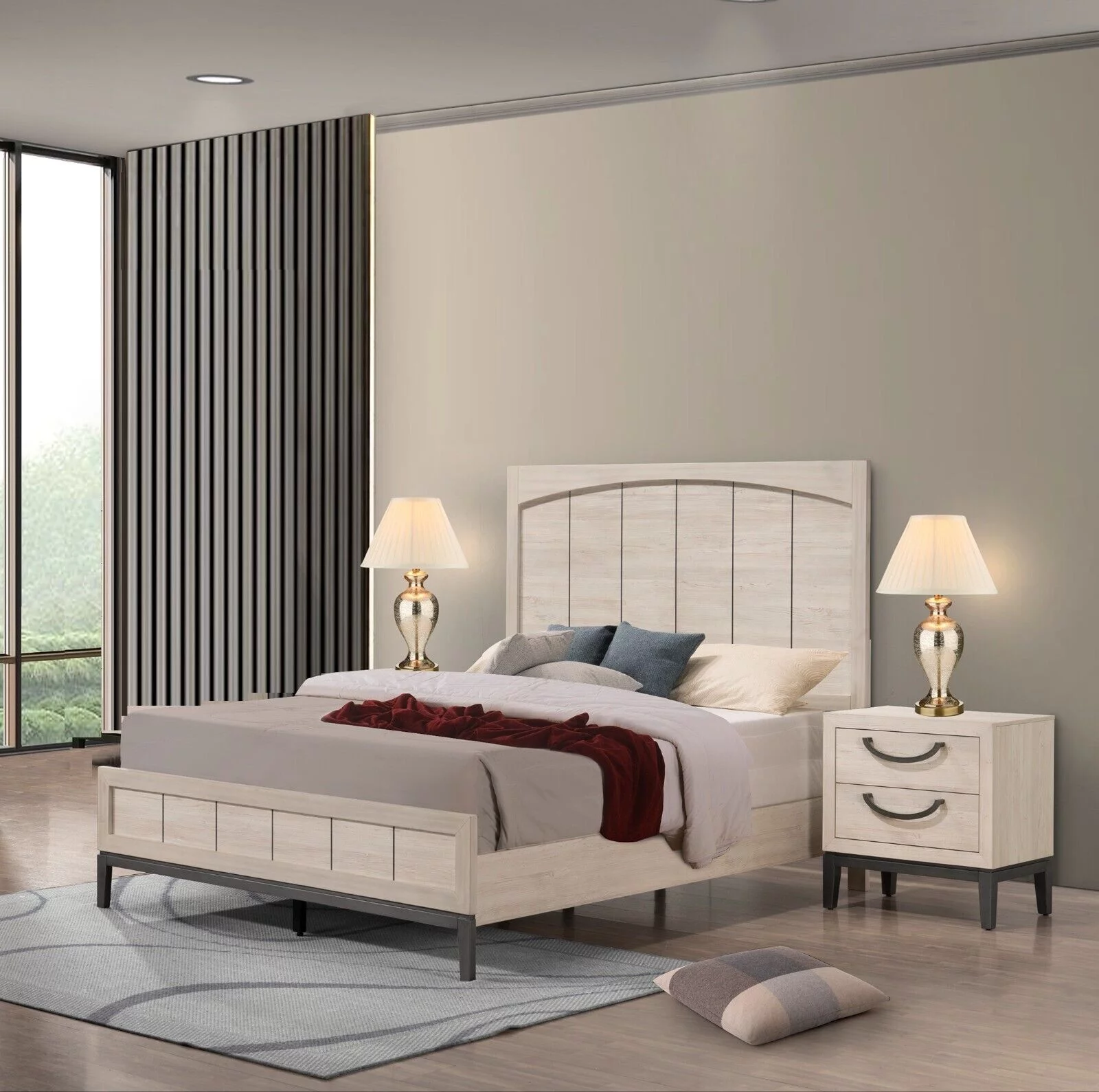 3Pc Unique Design Bedroom Set Beige Finish Queen Size Bed Nightstands Solid Wood