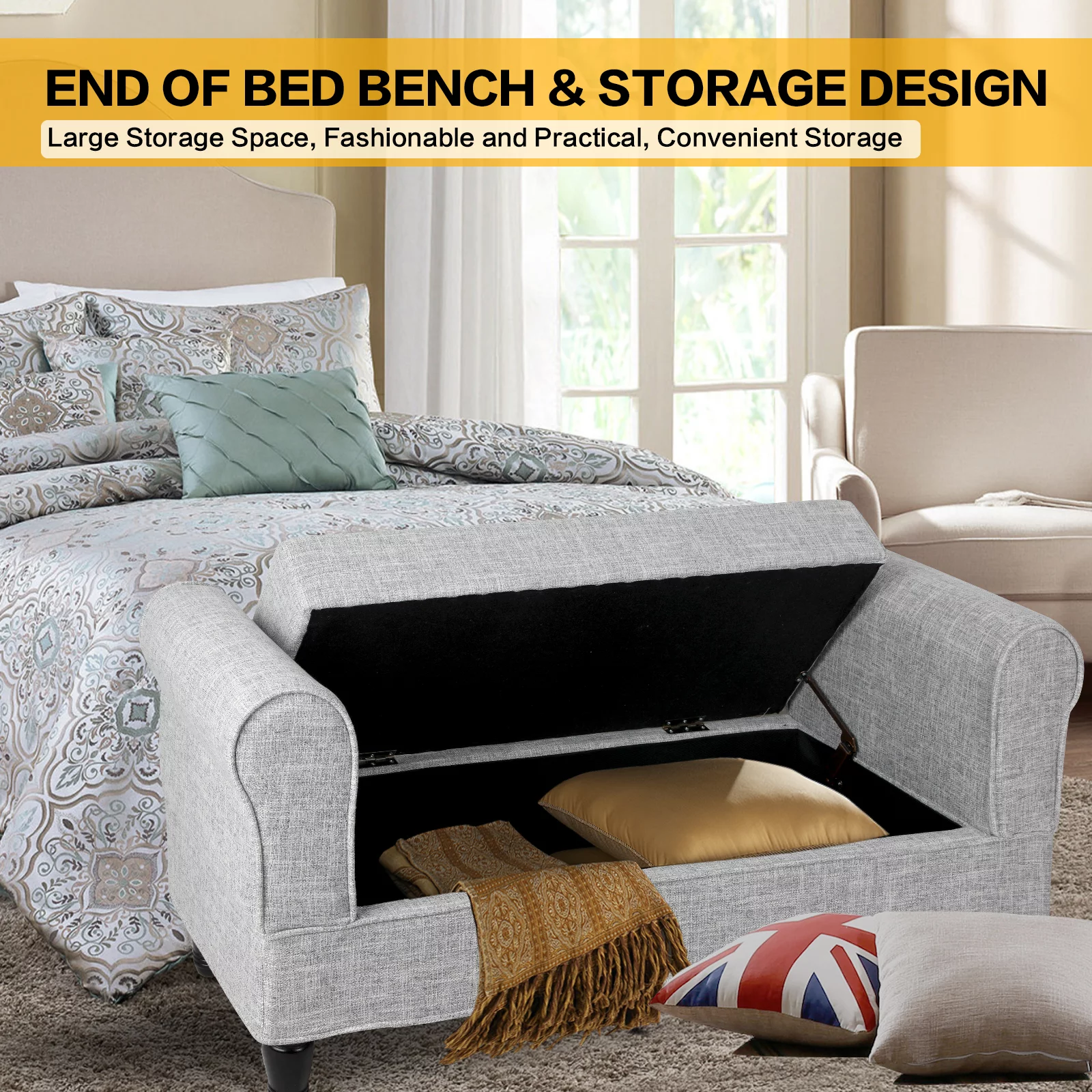 Fionafurn Contemporary Rolled Arm Linen Storage Ottoman Bench with 2 Footstools, End of Bed Bench, Light Gray