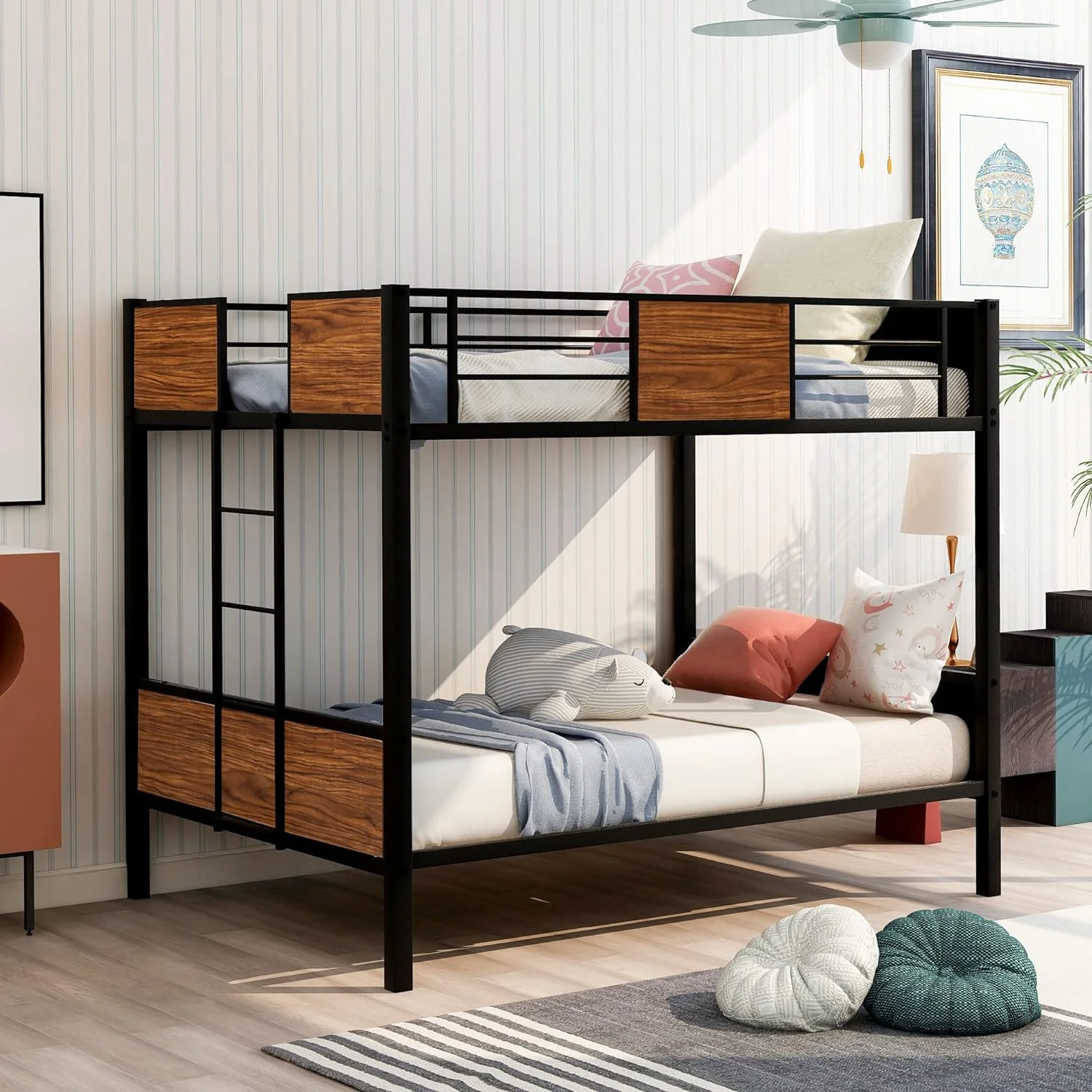 Meal Buk Bed Full Over Full, Heavy Duy Full Buk Bed Frame Wih Buil-I Ladder For Kids Boys ees Bedroom, Dorm, Easy Assembly Wih Ehaced Guardrail, Black MDF
