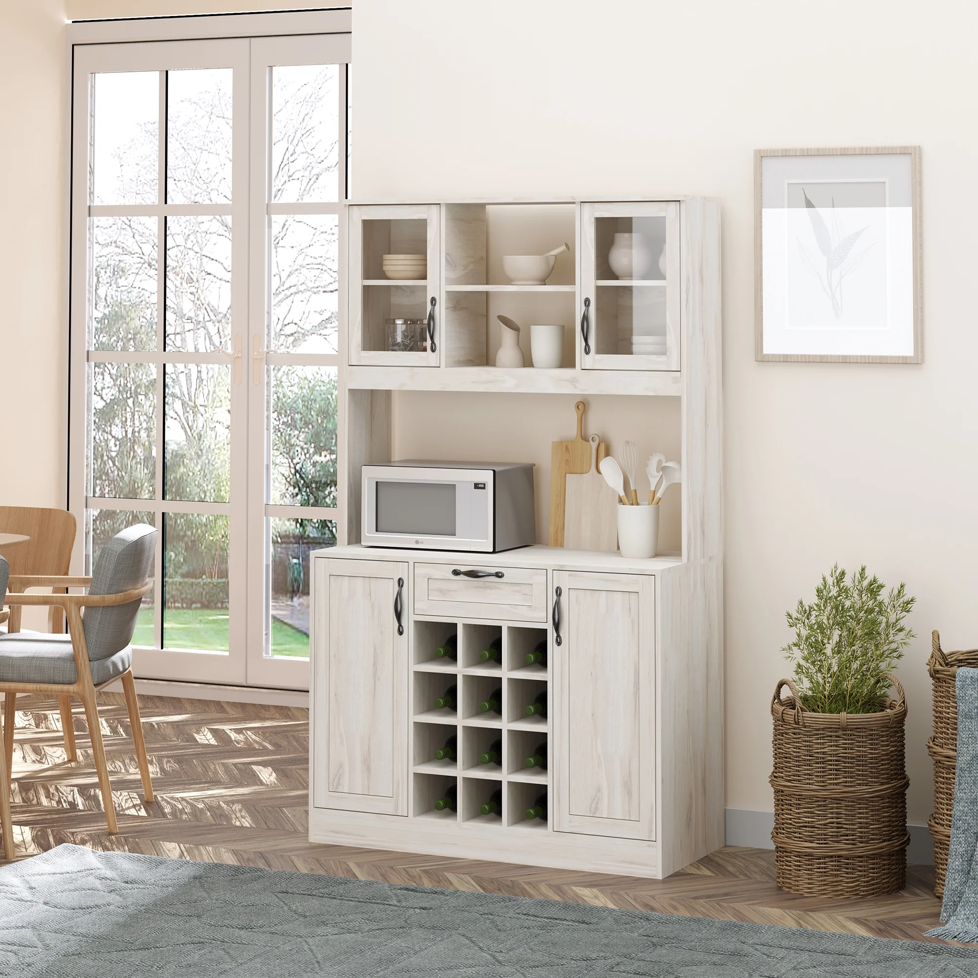 HomCom Kitchen Buffet Hutch Cupboard with Utility Drawer, 4 Door Cabinets, and Optional 12-Bottle Wine Storage, White
