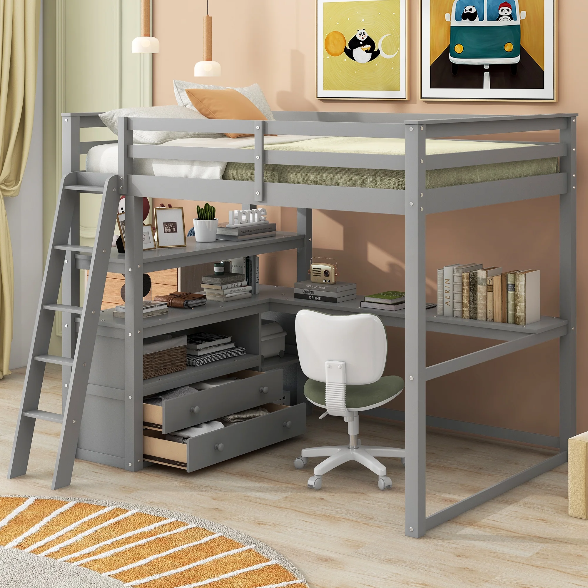 CoSoTower Full Size Loft Bed with Desk and Shelves,Two Built-In Drawers,Gray