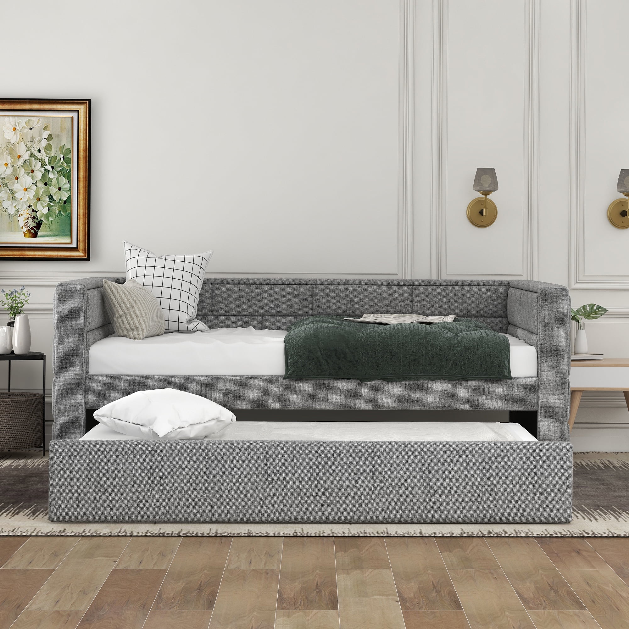 Twin Size Upholstered Daybed with Trundle, Wood Frame Sofa Bed for for Living Room and Bedroom, Padded Back, Gray