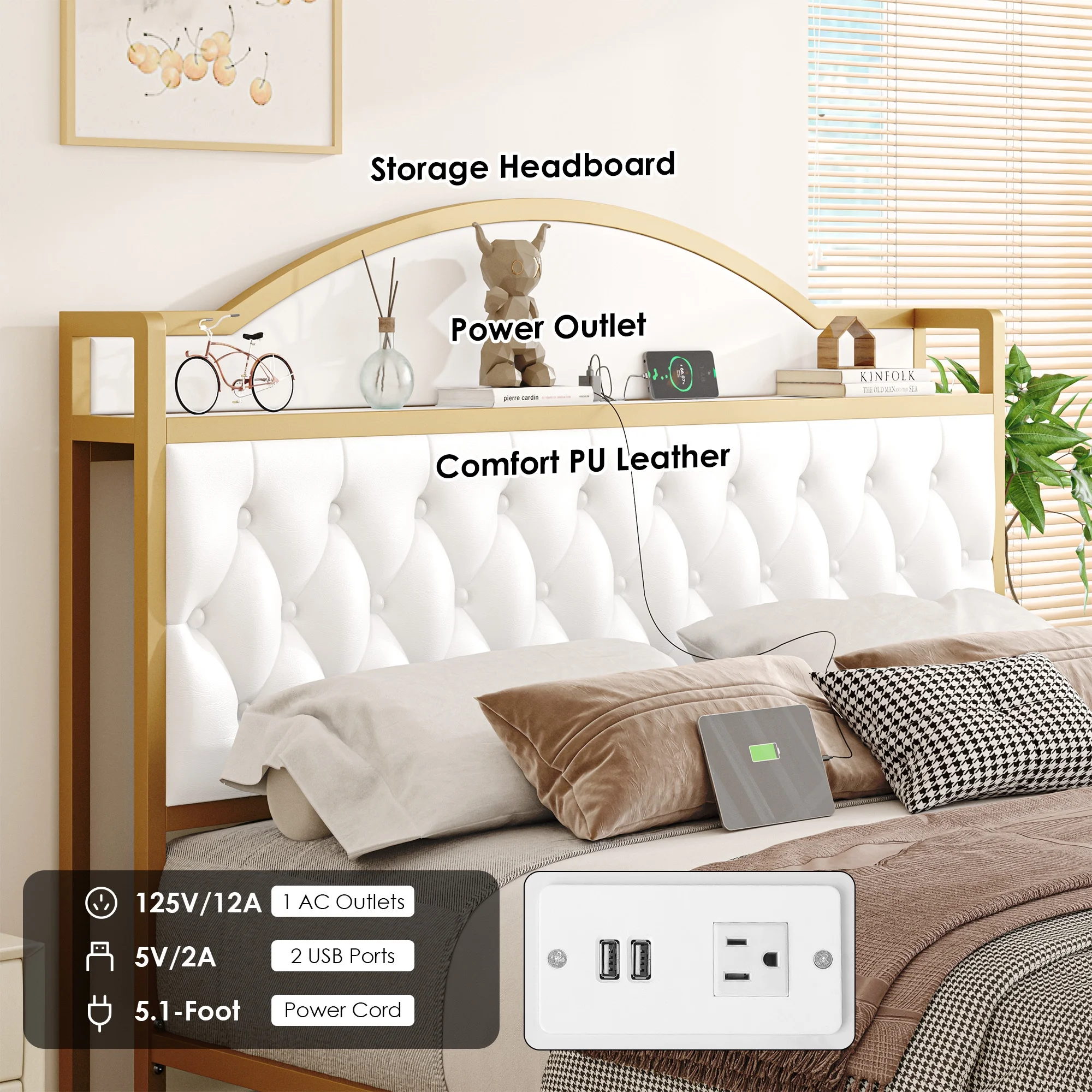 Homfa King Size Bed with Charging and 3 Storage Drawers, Modern PU Leather Upholstered Platform Bed, White and Gold