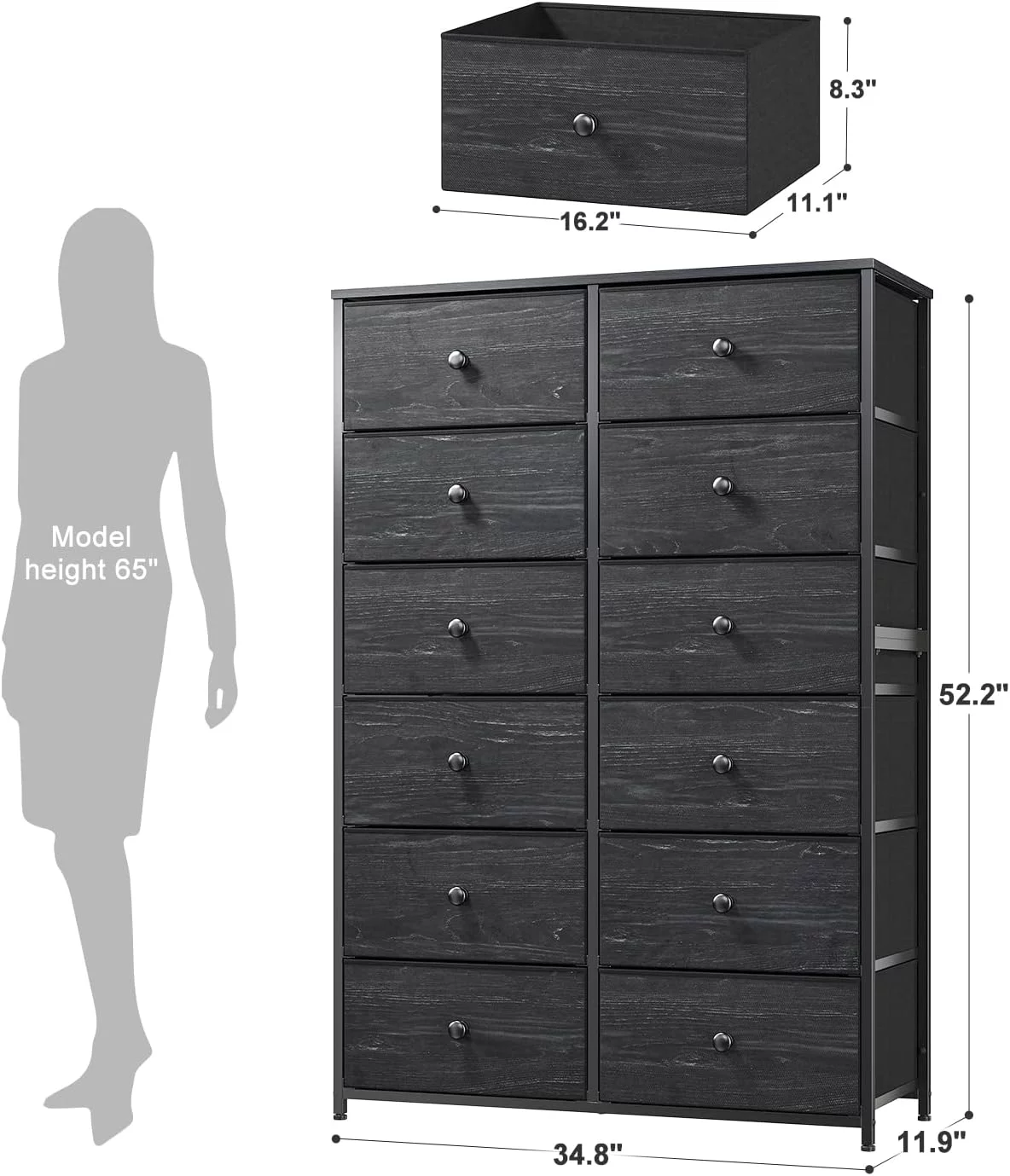 Tall Dressers for Bedroom, 12 Drawer with Wooden Top and Metal Frame, Fabric Dresser & Chest of Drawers for Closet Living Room, Black Wood Veins, 11.9