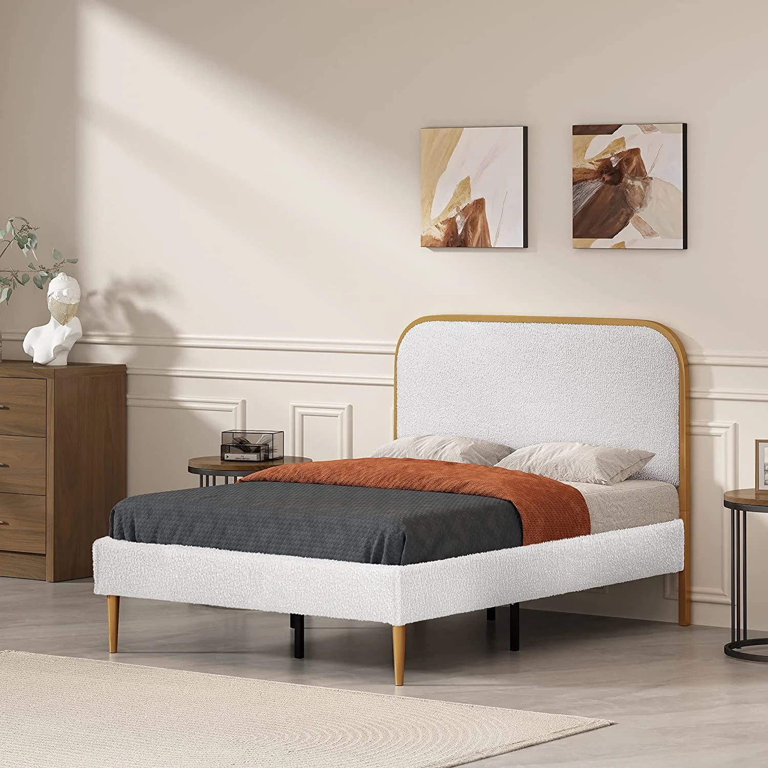 Popular Metal Platform Bed Frame/Cashmere Fabric Design (100% Polyester) Wooden slats Easy to Assemble no Box Spring Required(White & Gold Full)